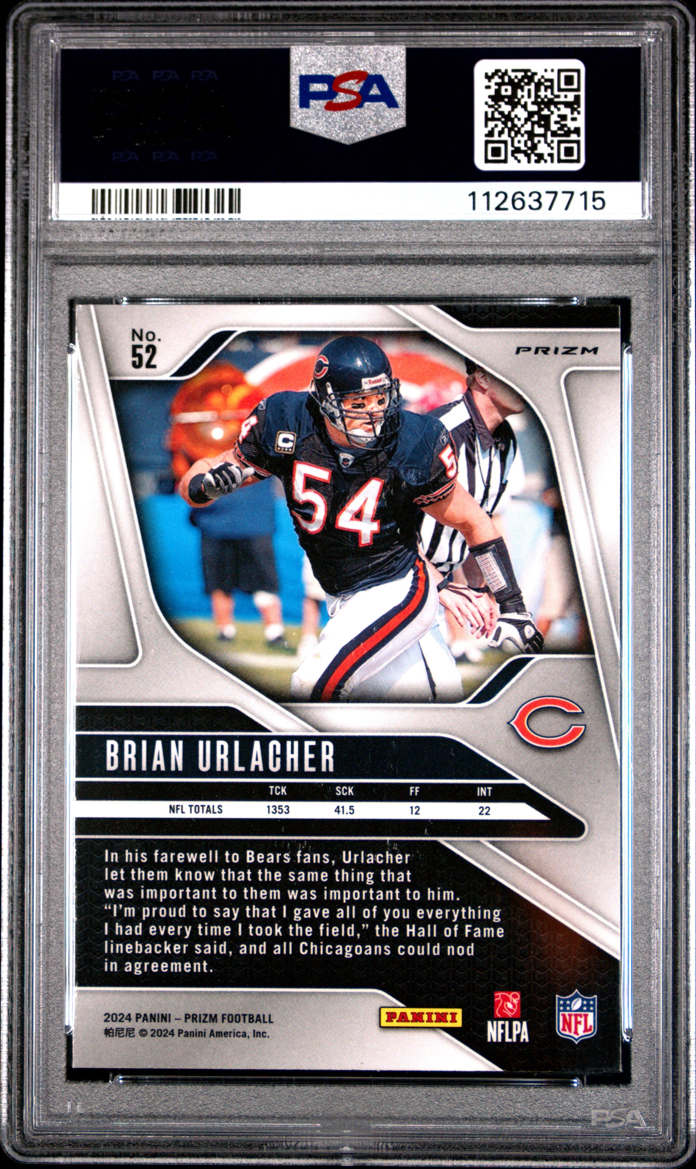 Brian Urlacher 2024 Panini Prizm #52 White Sparkle PSA 10 SSP Bears