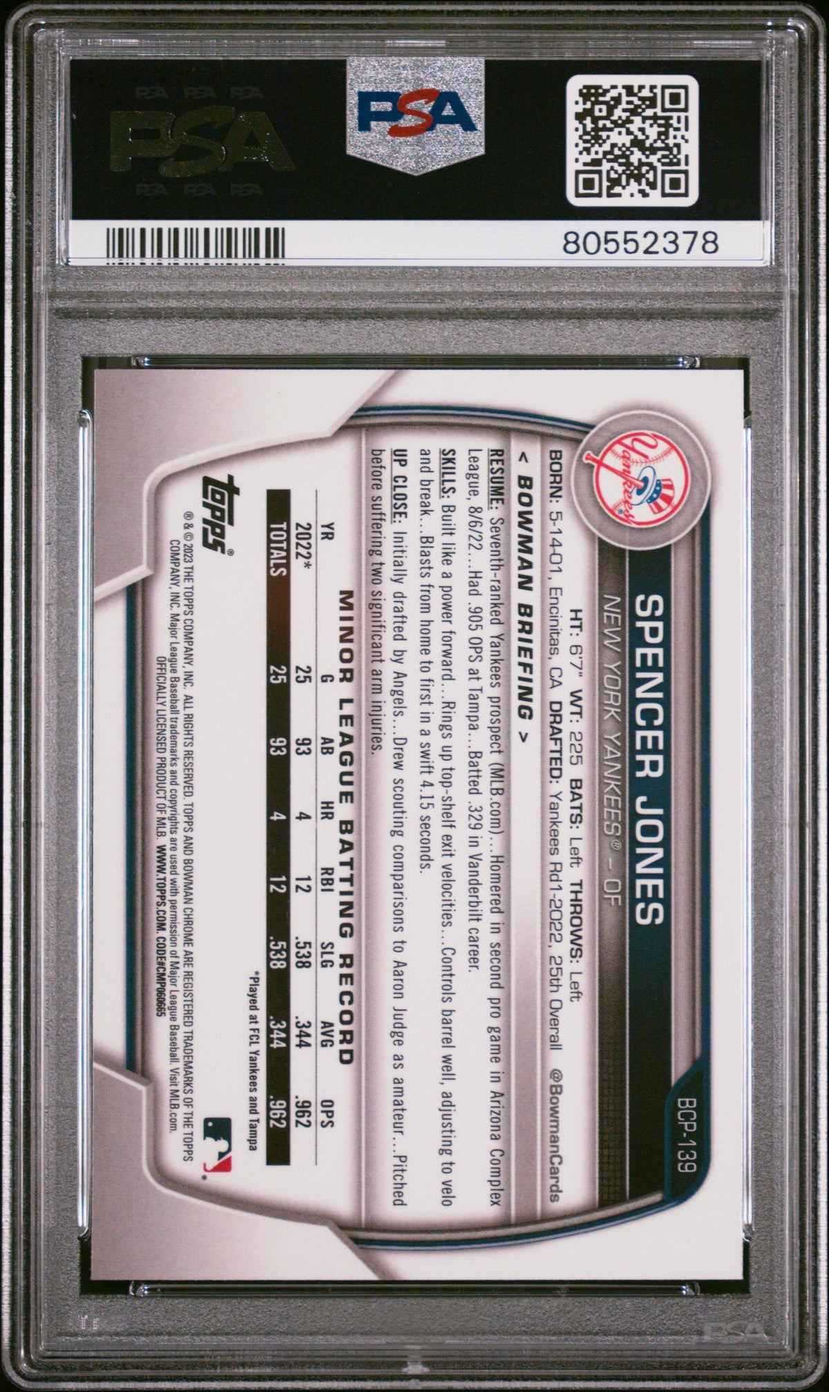 Spencer Jones 2023 Bowman Chrome Prospects #BCP139 PSA 10