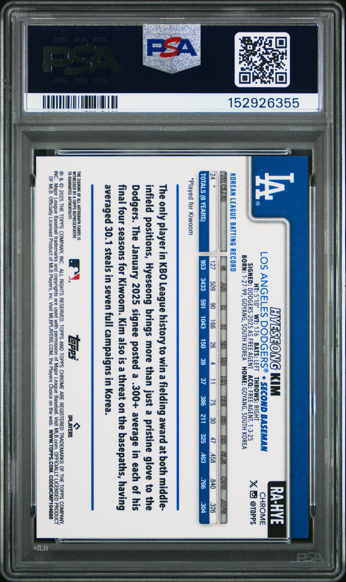 Hyeseong Kim 2025 Topps Chrome Rookie Autographs #RAHYE Blue Ref /150 PSA 10