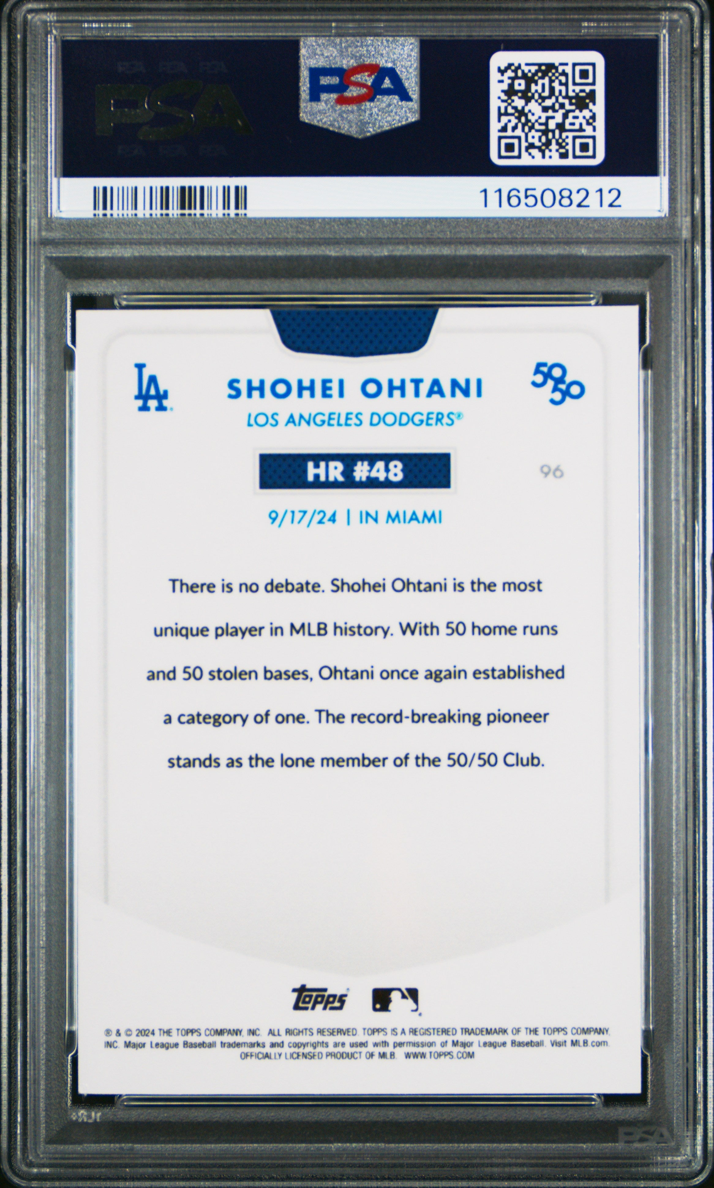 Shohei Ohtani 2024 Topps 50/50 Shohei Ohtani #96 Chrome Blue Refractor PSA 9