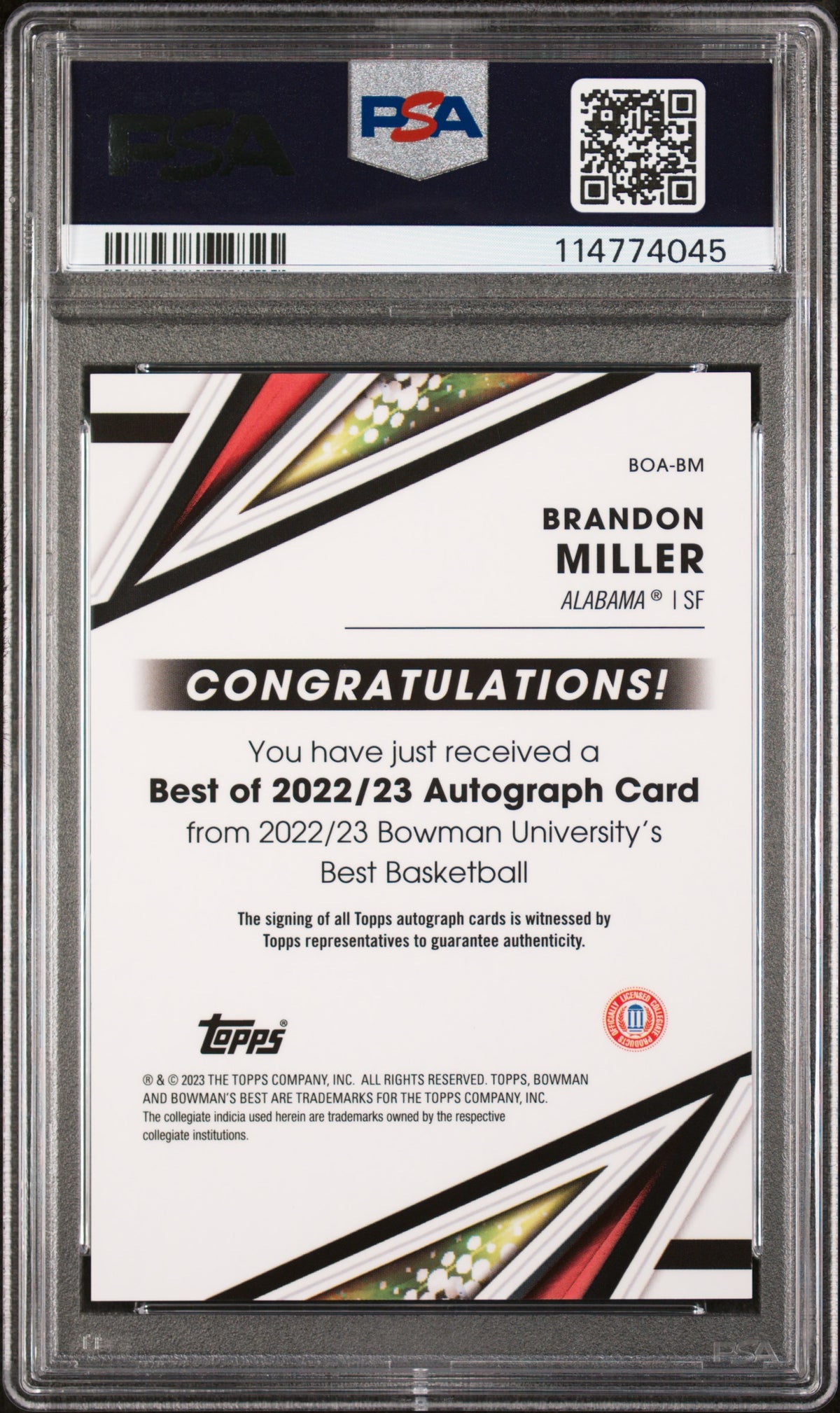 Brandon Miller 2022 Bowman University Best Best Of 2022 Autograph #BOABM PSA 10