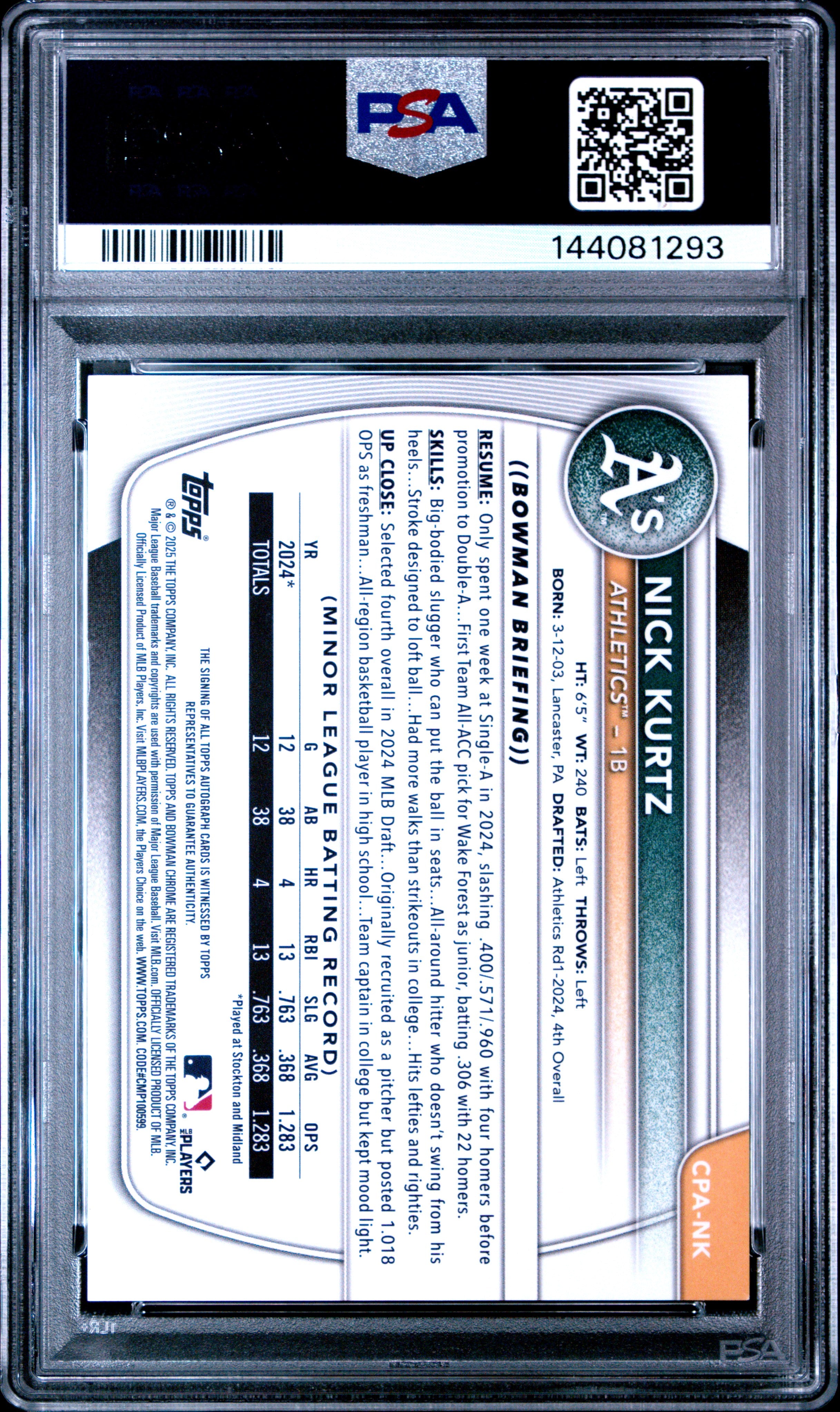 Nick Kurtz 2025 Bowman Chrome Prospect Autographs #CPANK PSA 9