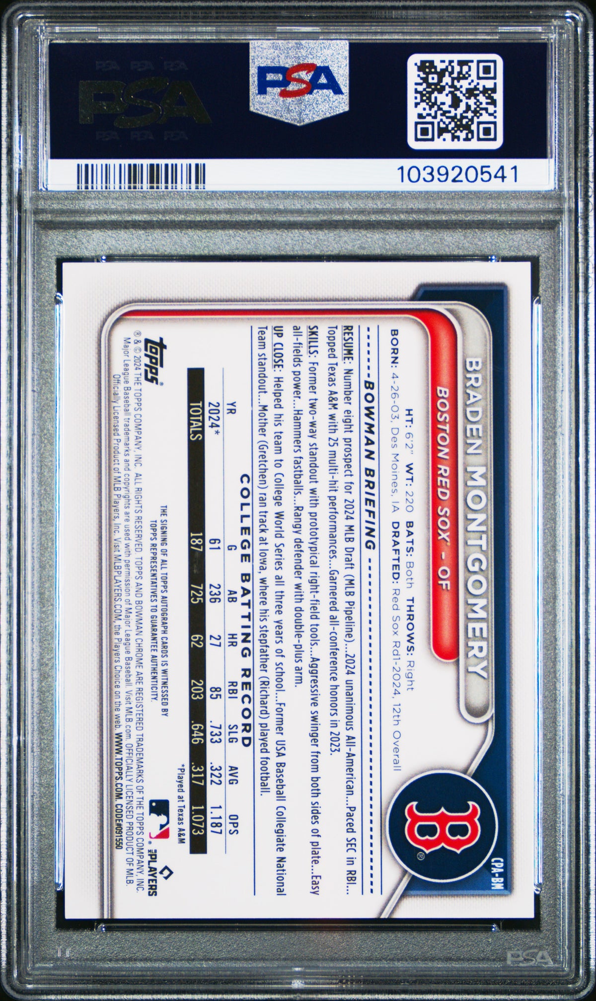 Braden Montgomery 2024 Bowman Draft Chrome Prospect Autographs #CPABM Sparkle Ref /71 PSA 9