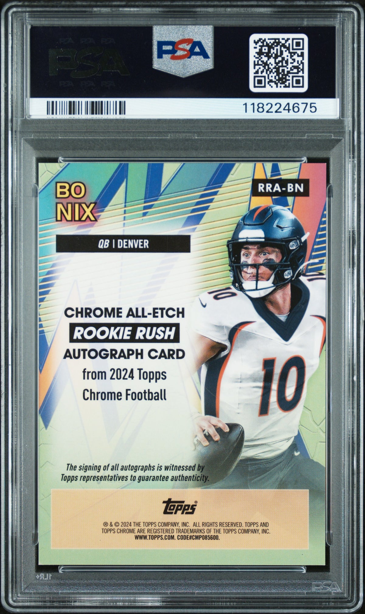 Bo Nix 2024 Topps Chrome Chrome All-Etch Rookie Rush Autographs #RRABN PSA 8 Auto 10