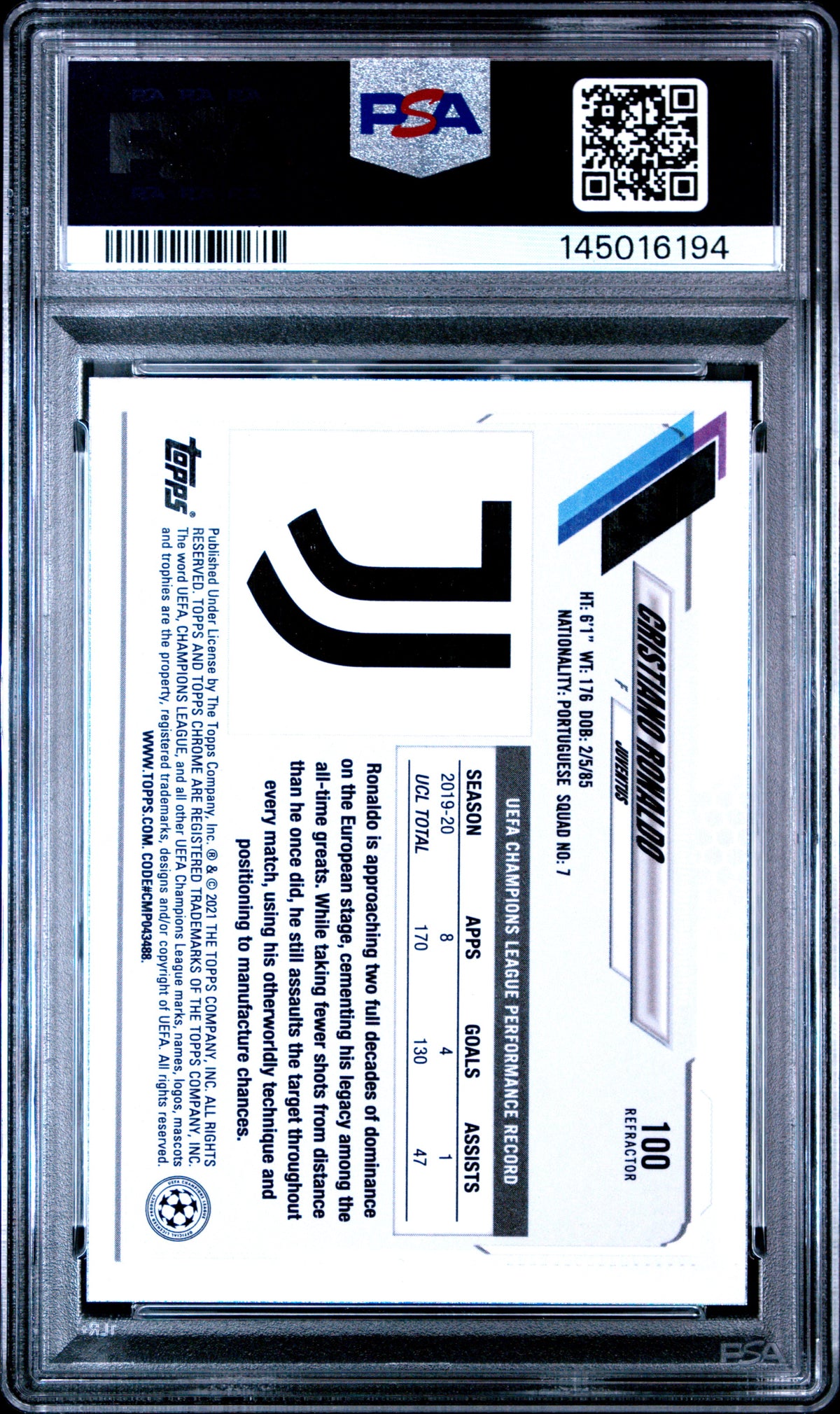Cristiano Ronaldo 2020 Topps Chrome UEFA Champions League #100 Refractor PSA 9