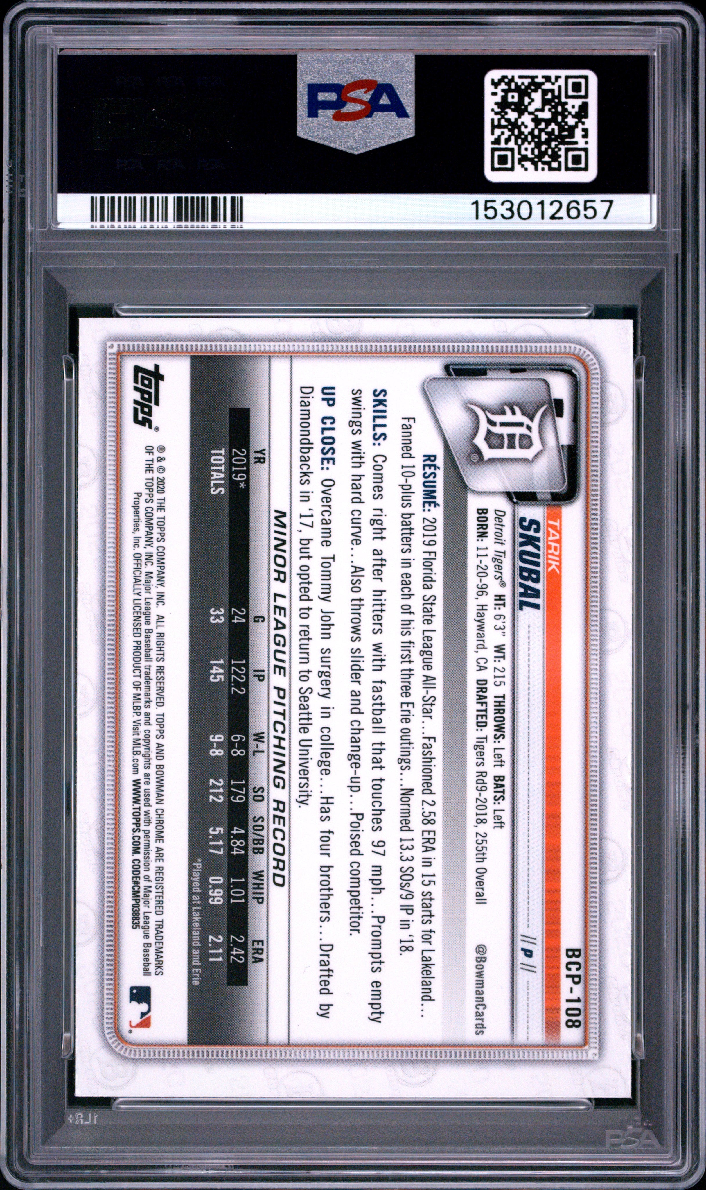 Tarik Skubal 2020 Bowman Chrome Mega Box #BCP108 PSA 10