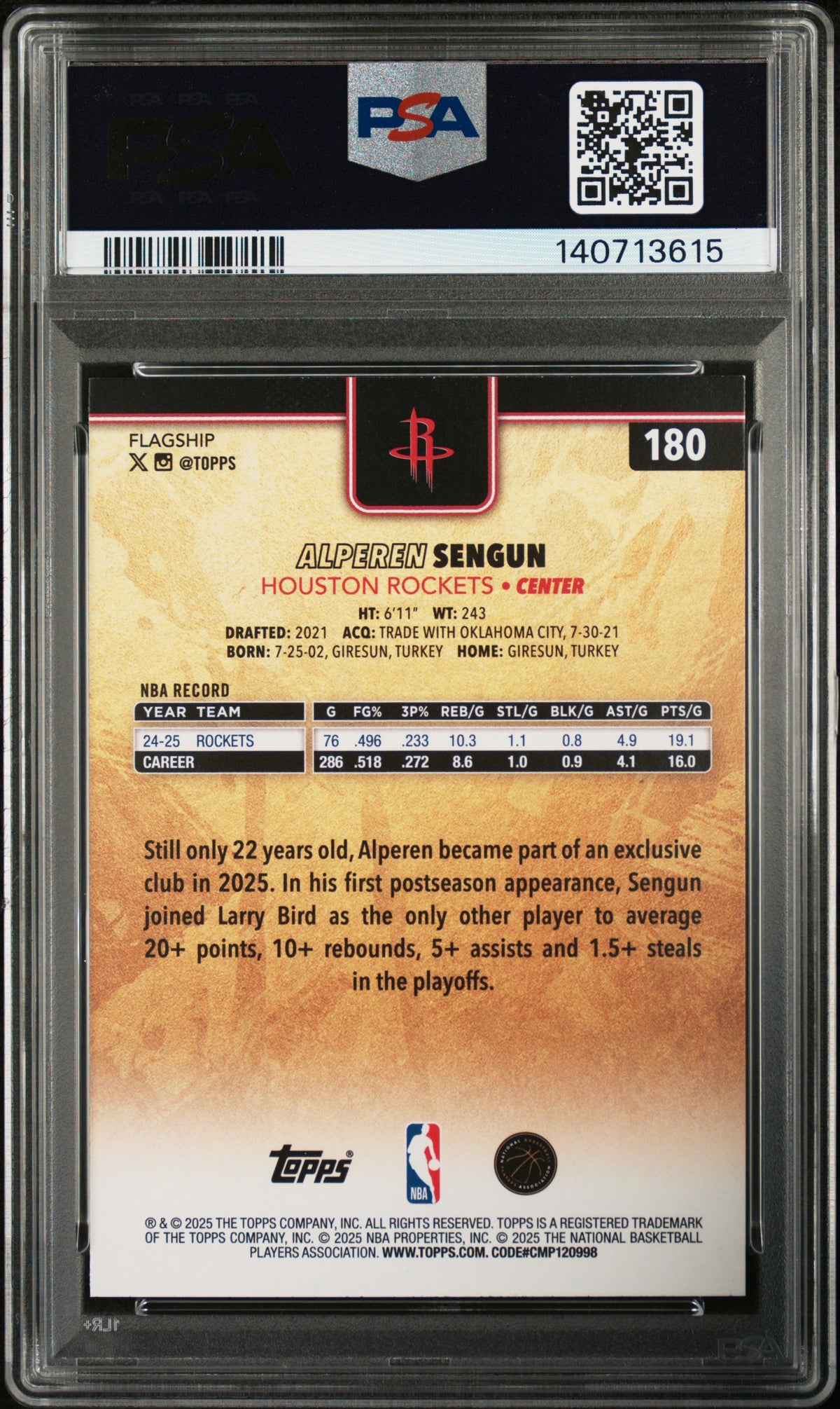 Alperen Sengun 2025 Topps #180 Golden Mirror PSA 9