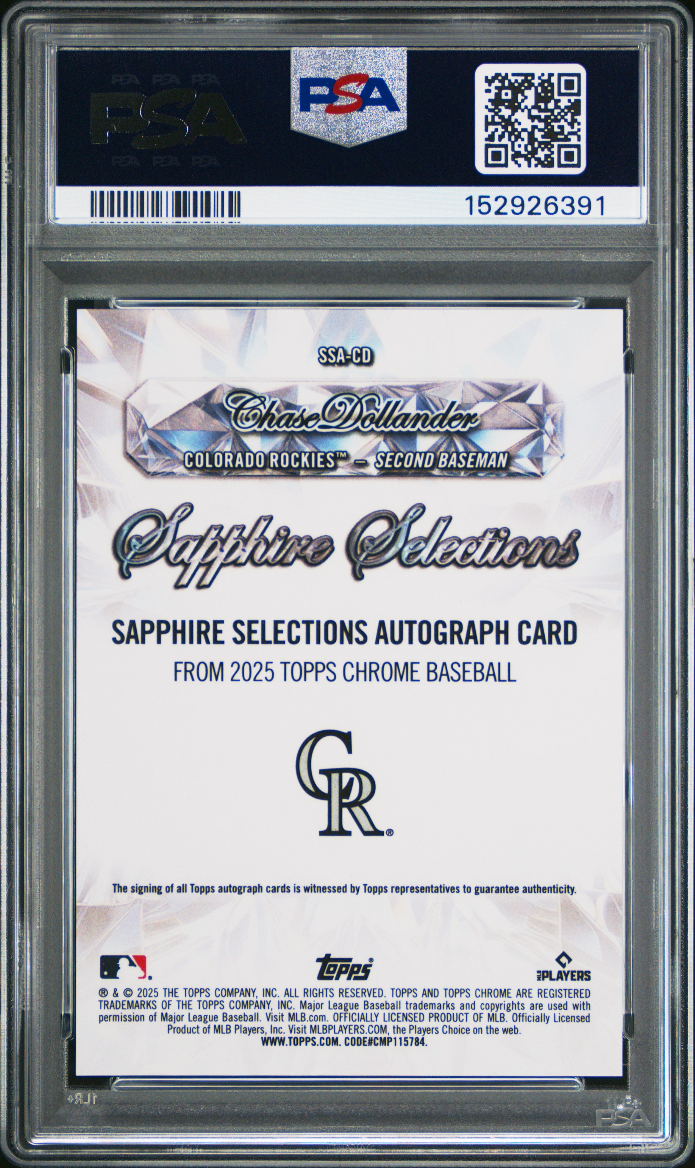 Chase Dollander 2025 Topps Chrome Sapphire Selections RC Auto #CD PSA 10 Rockies