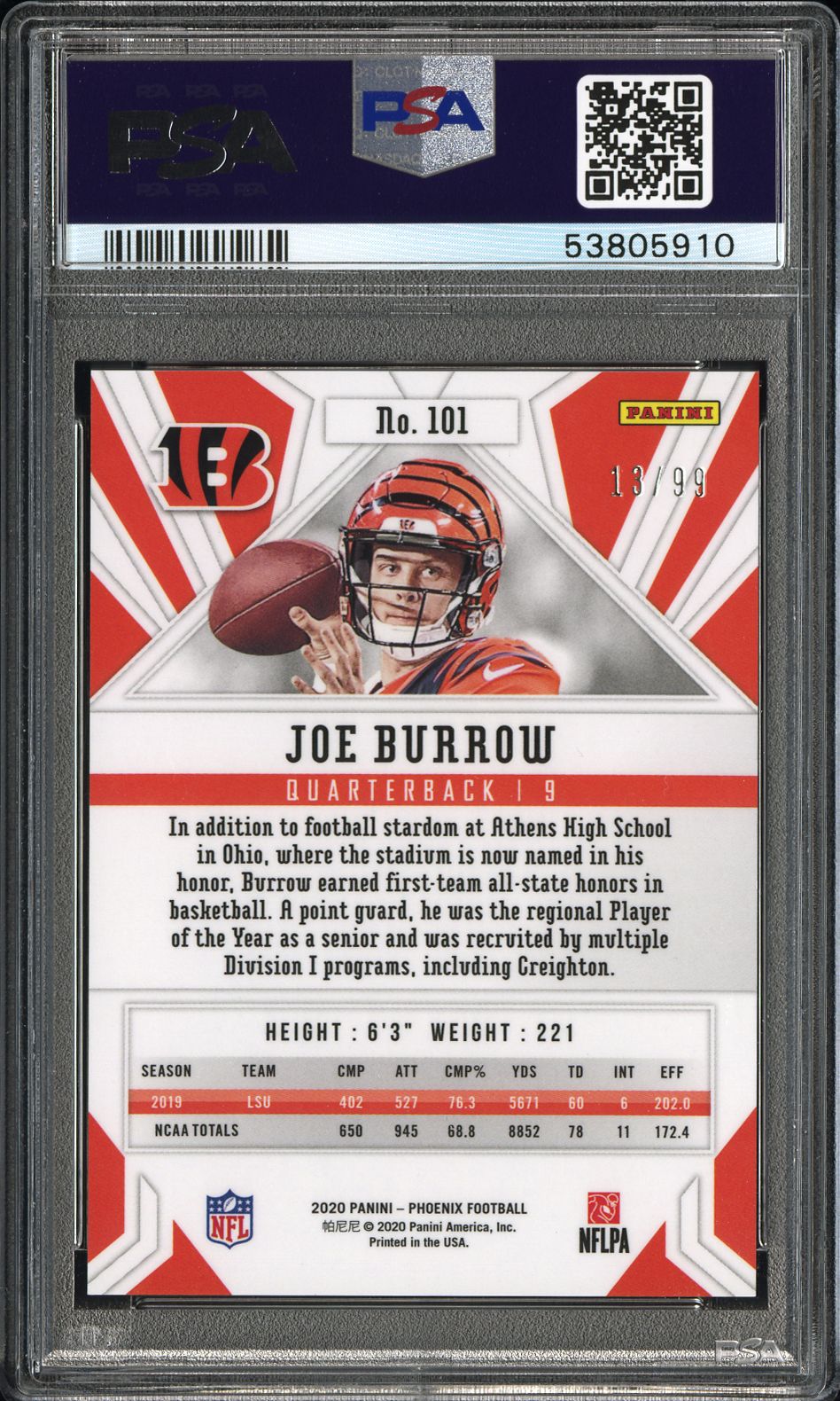 Joe Burrow 2020 Panini Phoenix #101 Orange PSA 9