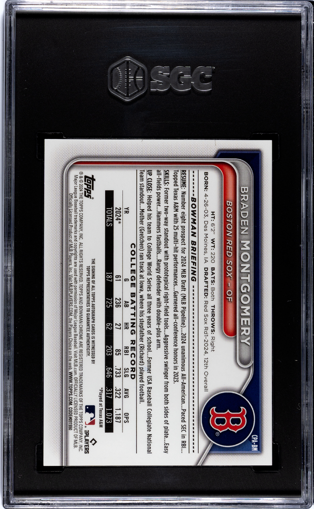 Braden Montgomery 2024 Bowman Draft #CPA-BM CHR. Pros. Autograph Choice Refractor 150 SGC 10 Auto 10
