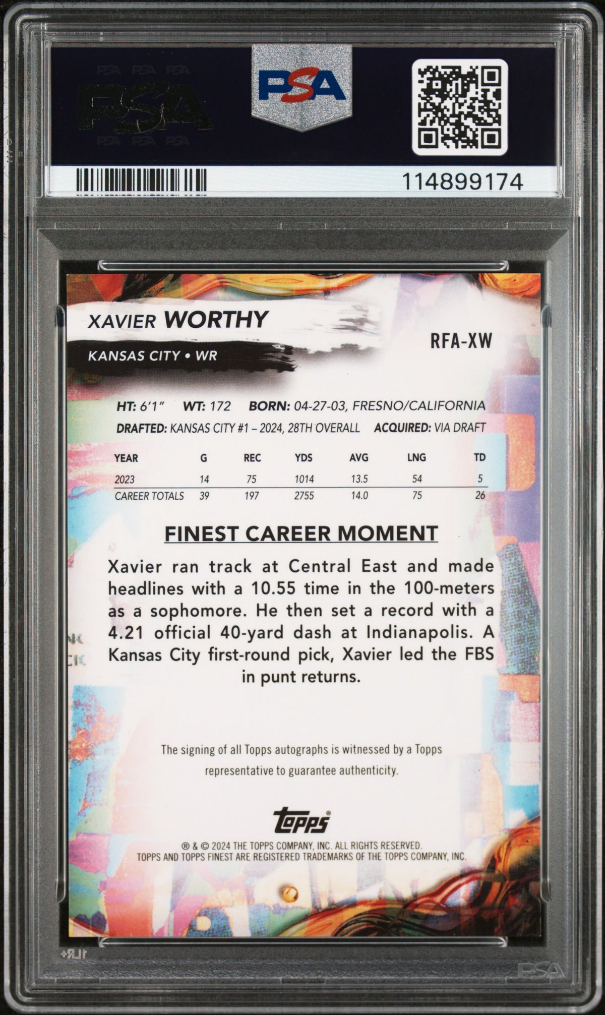 Xavier Worthy 2024 Topps Finest Rookie Finest Autographs #RFAXW RK Fnst Blu Chkbd /99 PSA 10 Auto 10