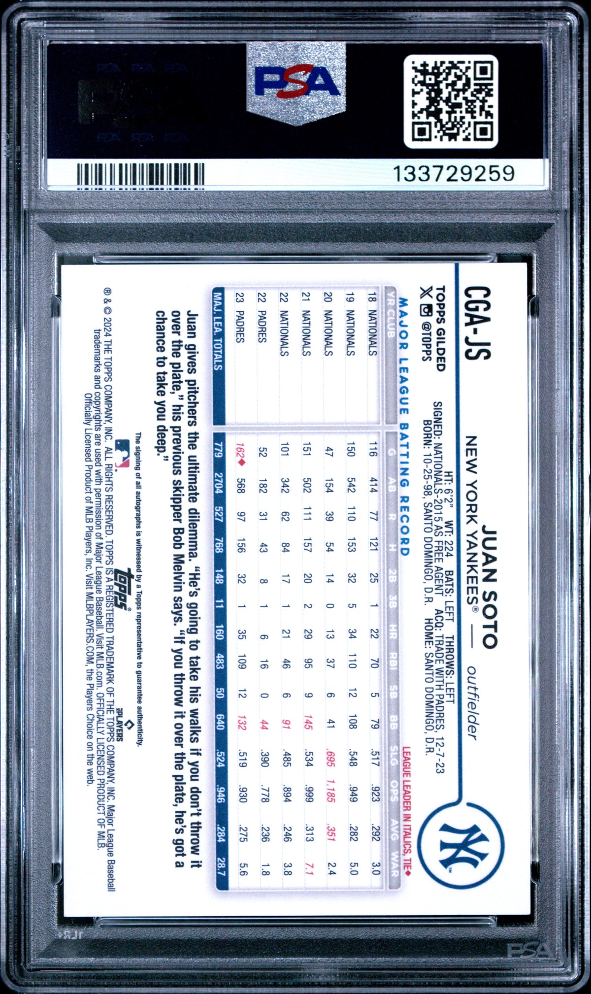 Juan Soto 2024 Topps Gilded Collection Topps Chrome Gold Autographs #CGAJS /30 PSA 9