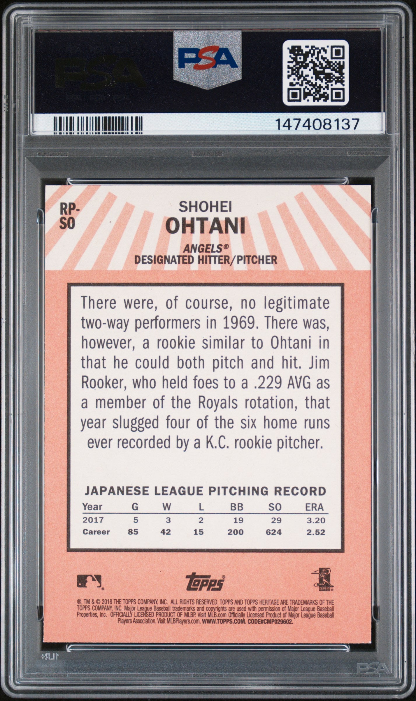 Shohei Ohtani 2018 Topps Heritage Rookie Performers #RP-SO PSA 9