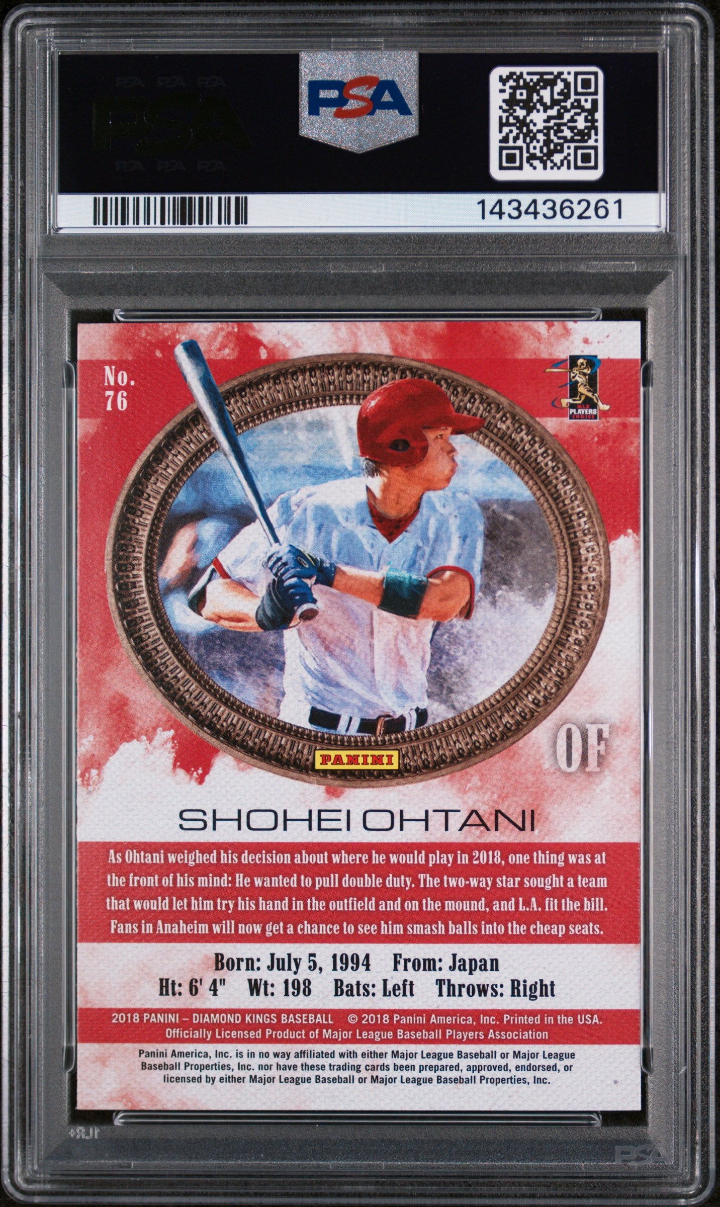Shohei Ohtani 2018 Panini Diamond Kings #76 Facing Right PSA 10