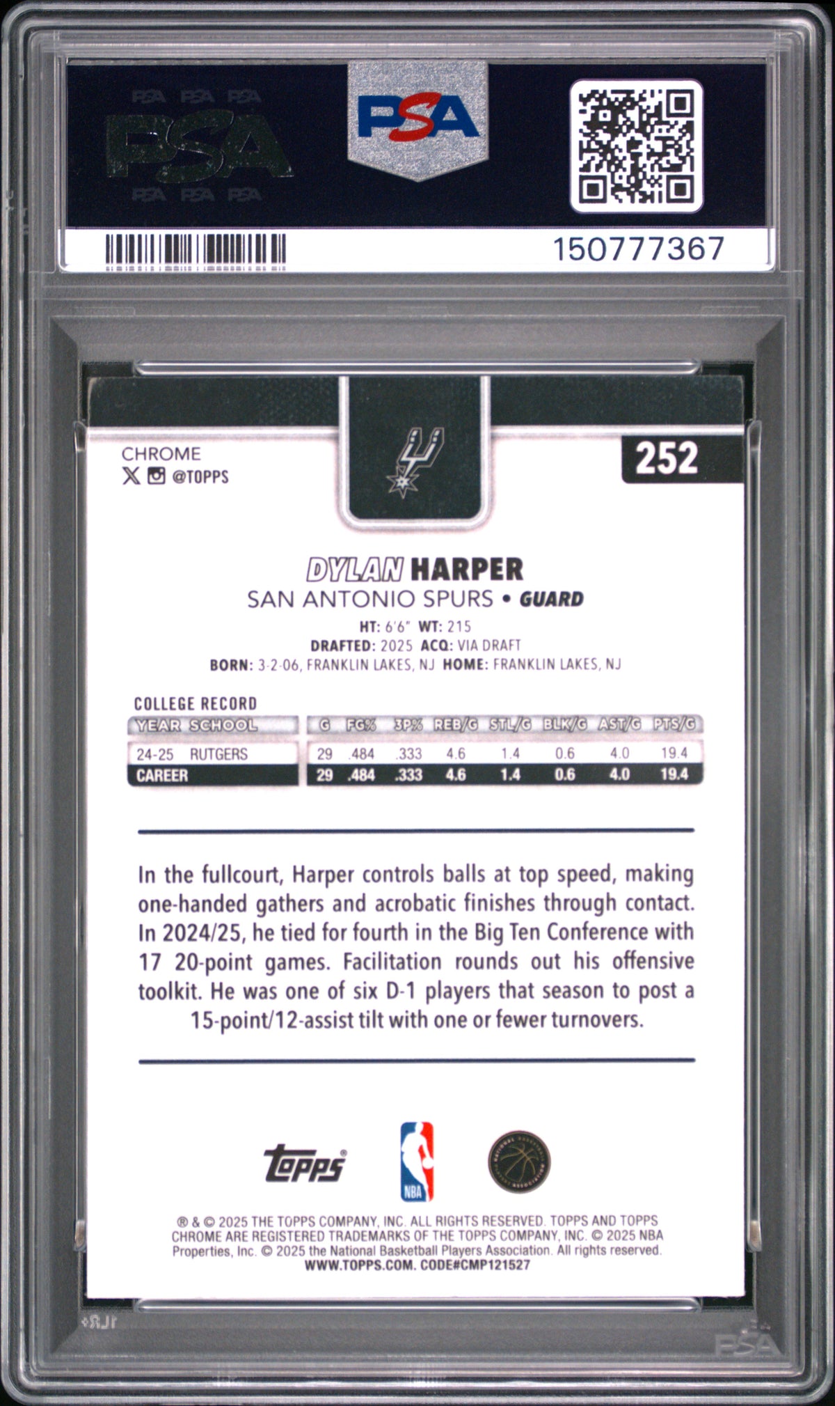 Dylan Harper 2025 Topps Chrome #252 PSA 10