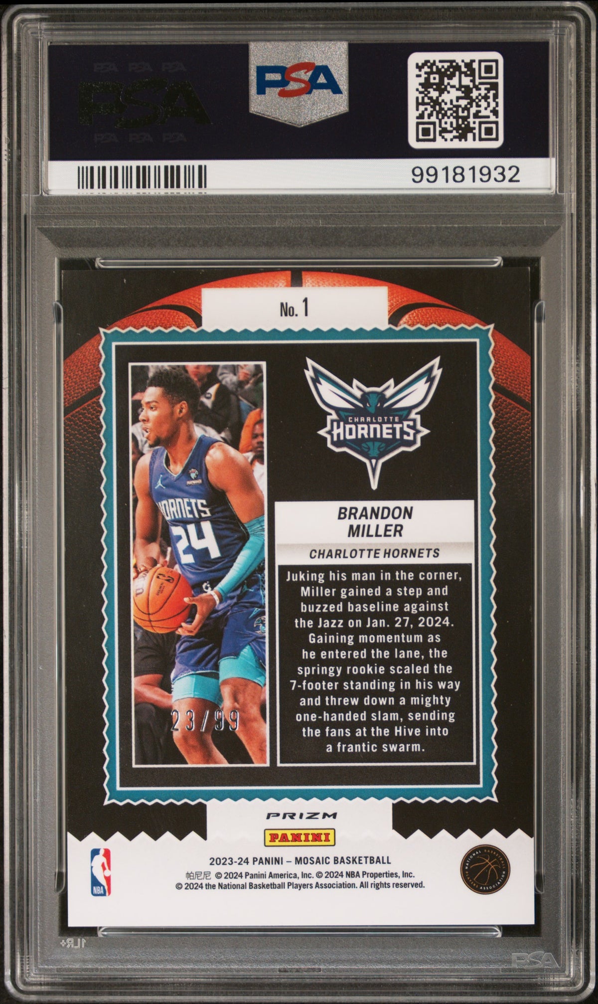 Brandon Miller 2023 Panini Mosaic Jam Masters #1 Reactive Ylw PSA 9