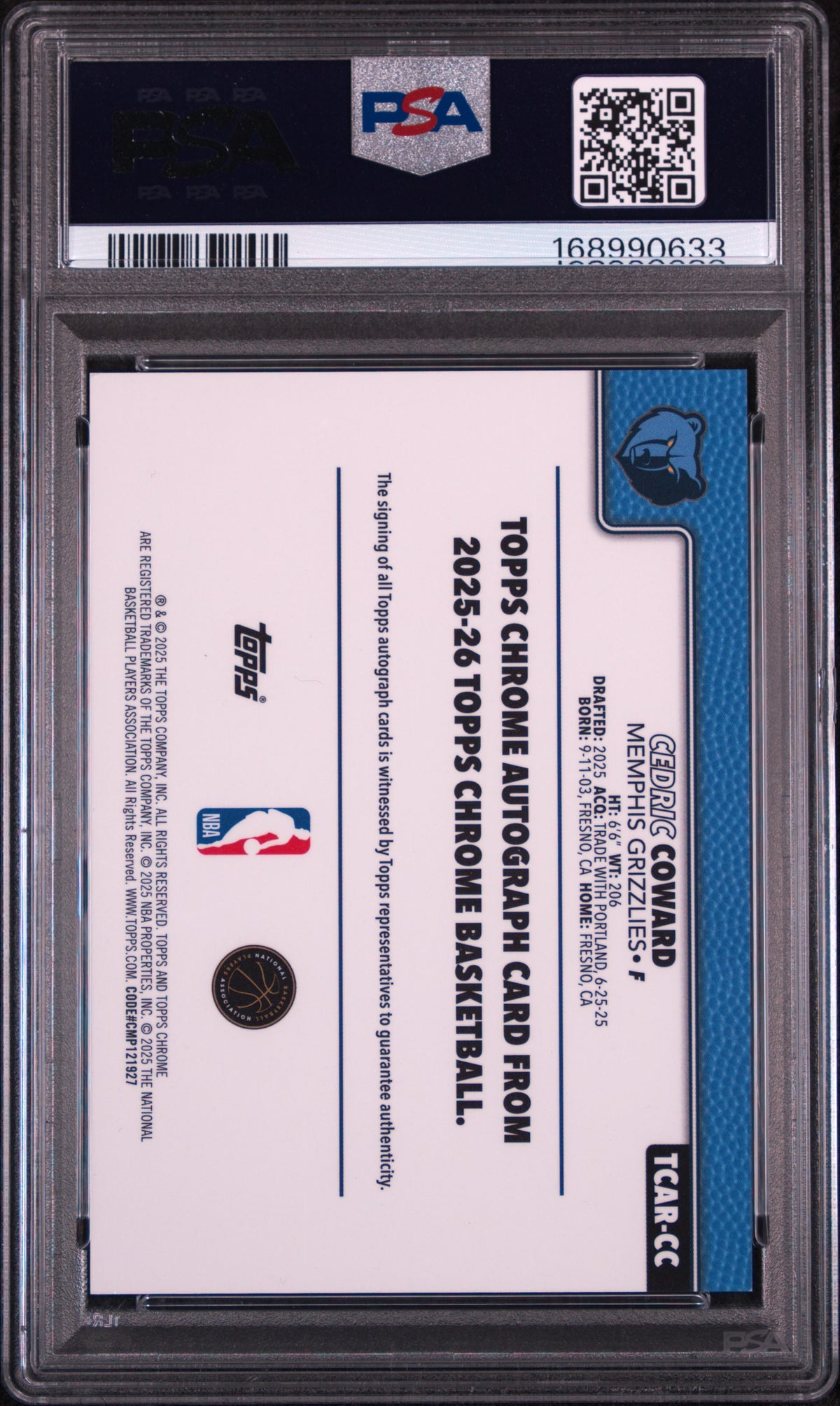 Cedric Coward 2025 Topps Chrome Chrome Rookie Autographs #TCAR-CC PSA 9