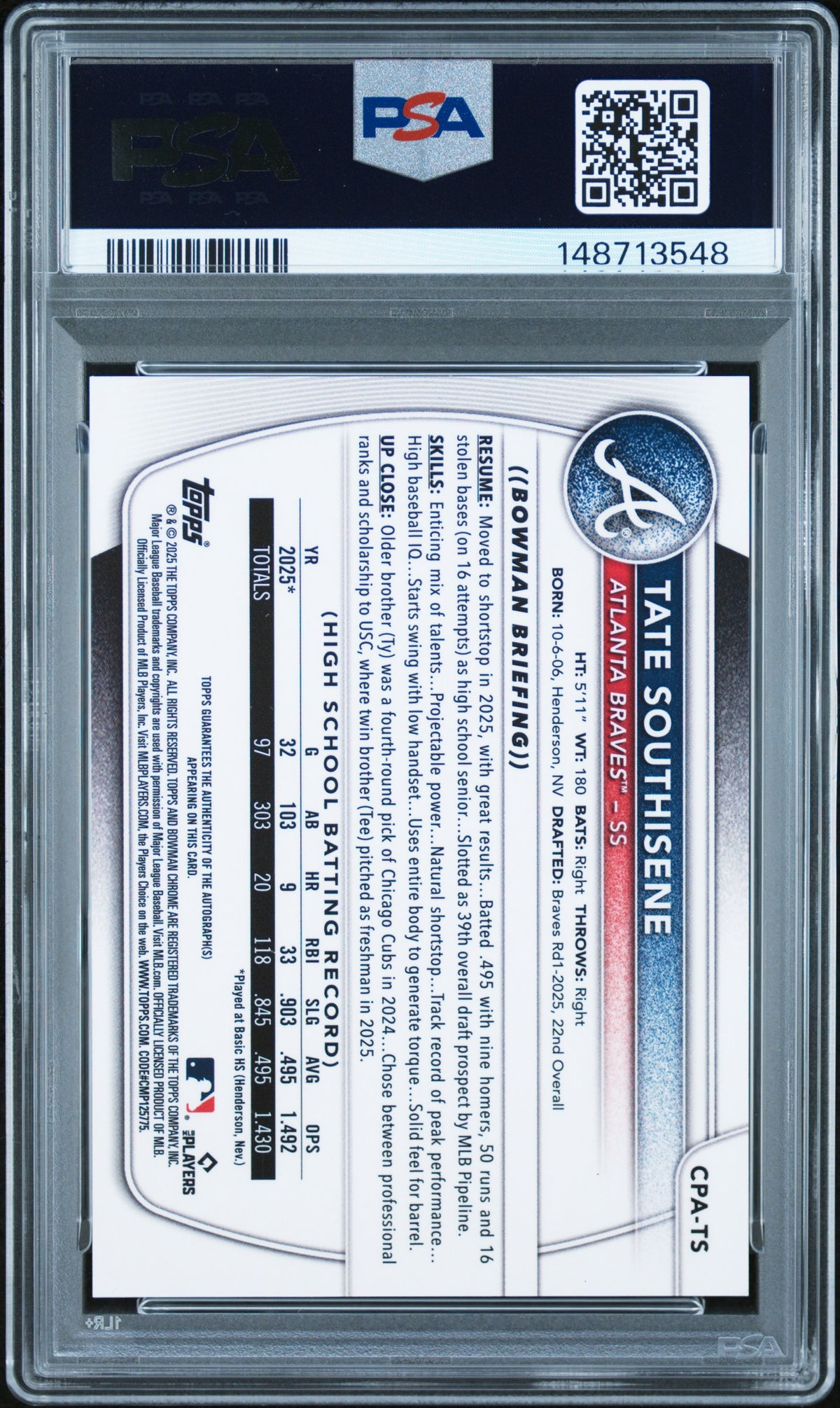 Tate Southisene 2025 Bowman Draft Chrome Prospect Autographs #CPA-TS BLK X Fractor /10 PSA 9
