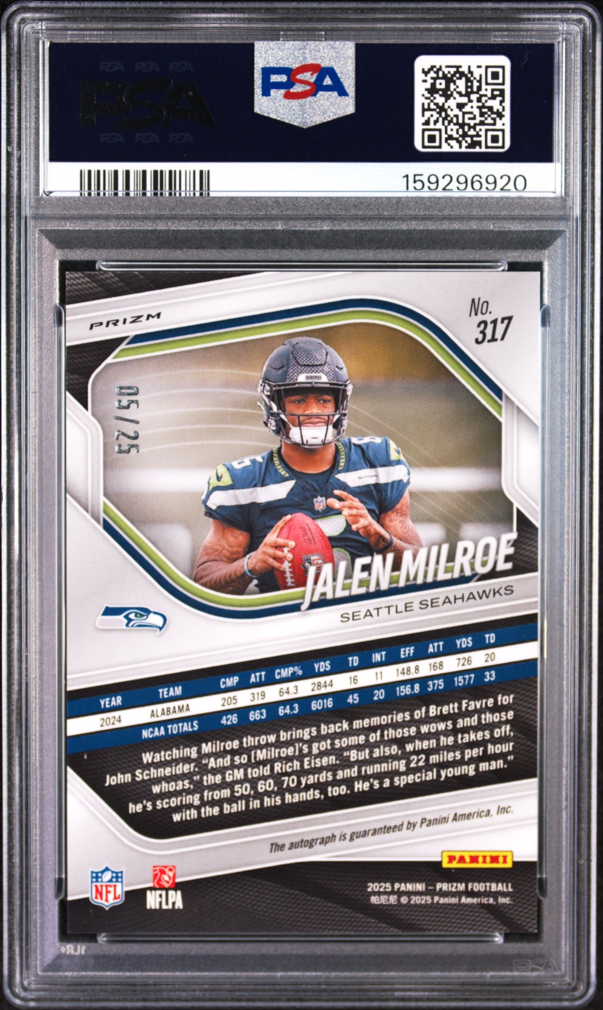 Jalen Milroe 2025 Panini Prizm #317 Autograph Camo PSA 9