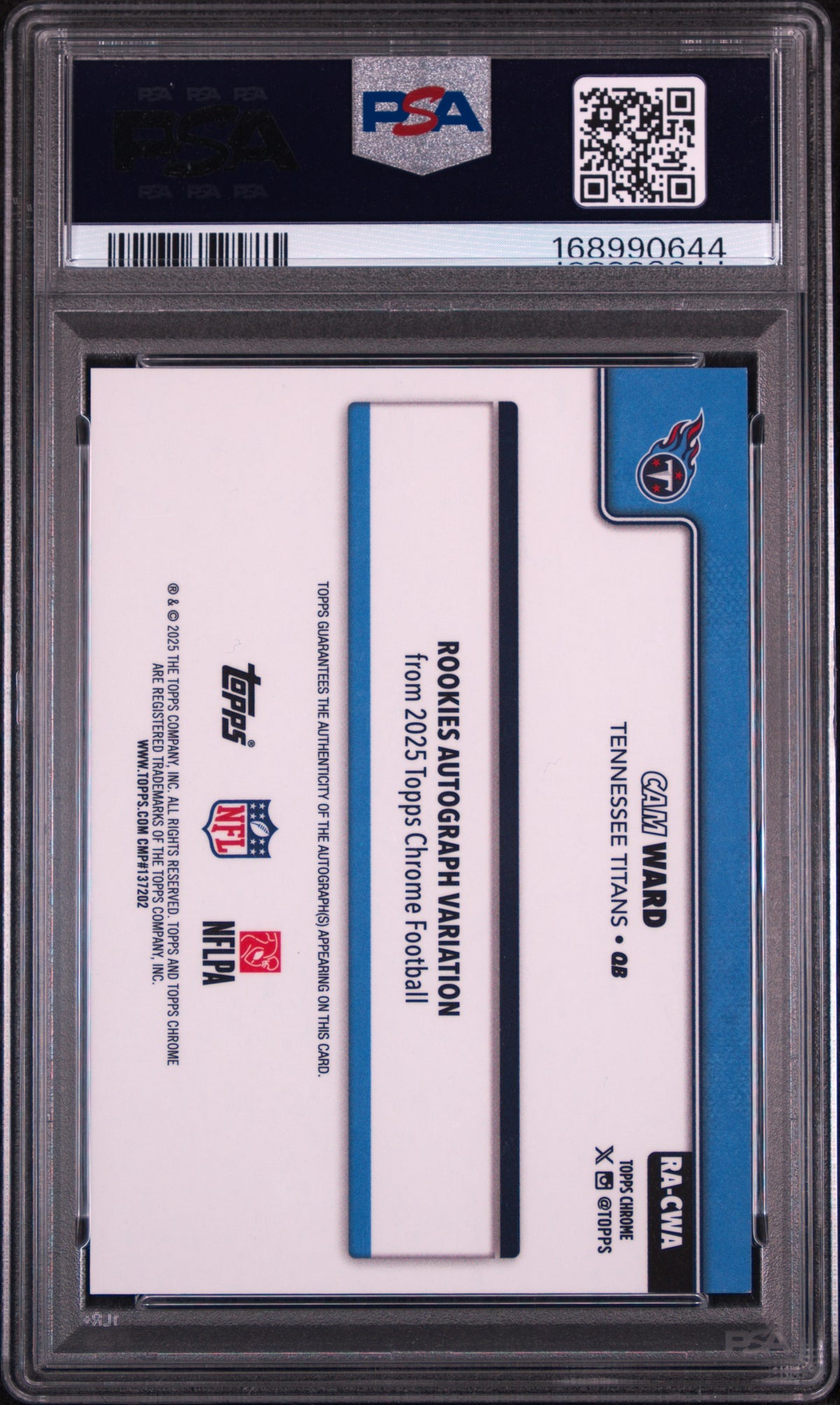 Cam Ward 2025 Topps Chrome Rookies Autograph #CWA PSA 8