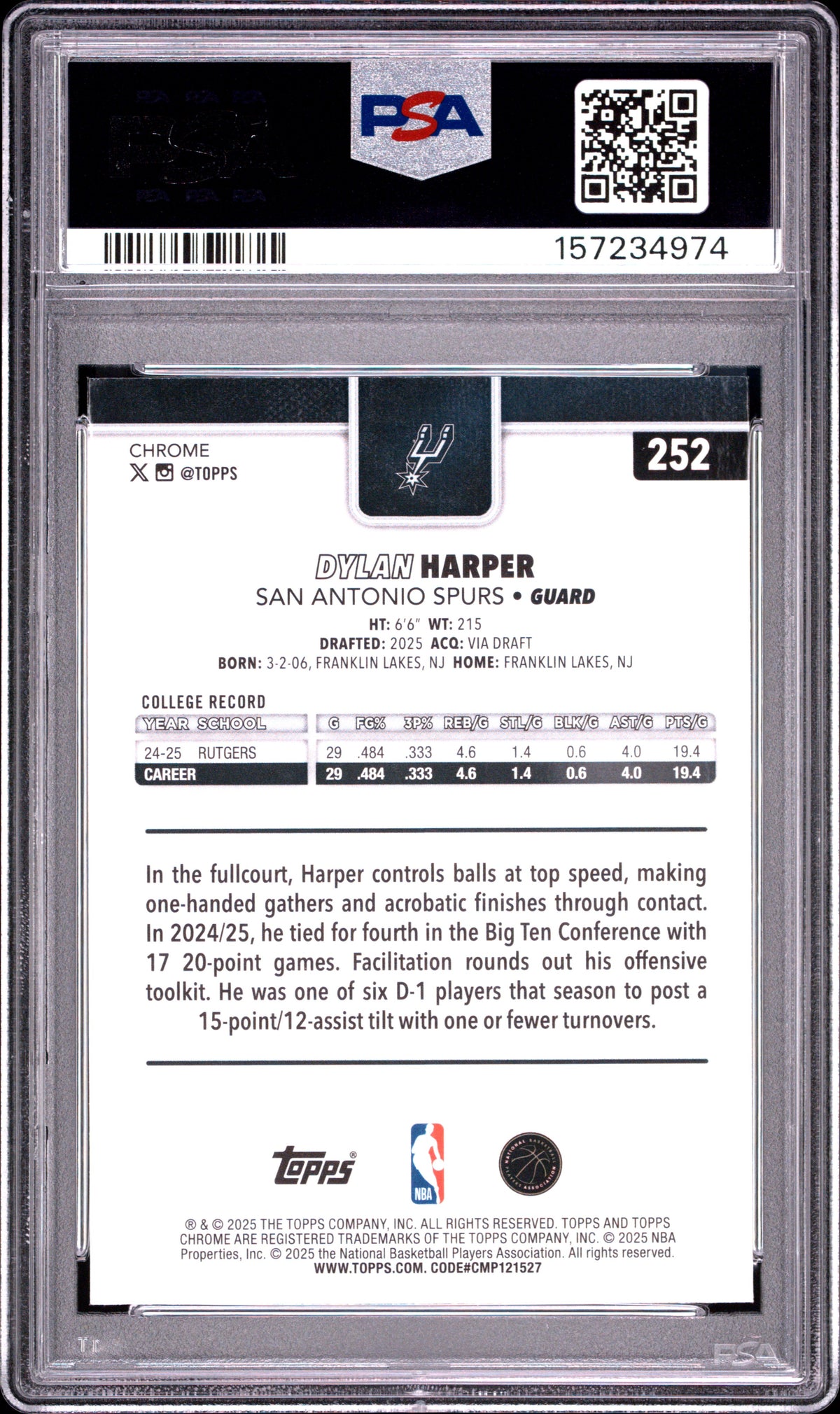 Dylan Harper 2025 Topps Chrome #252 Basketball Refractor PSA 10