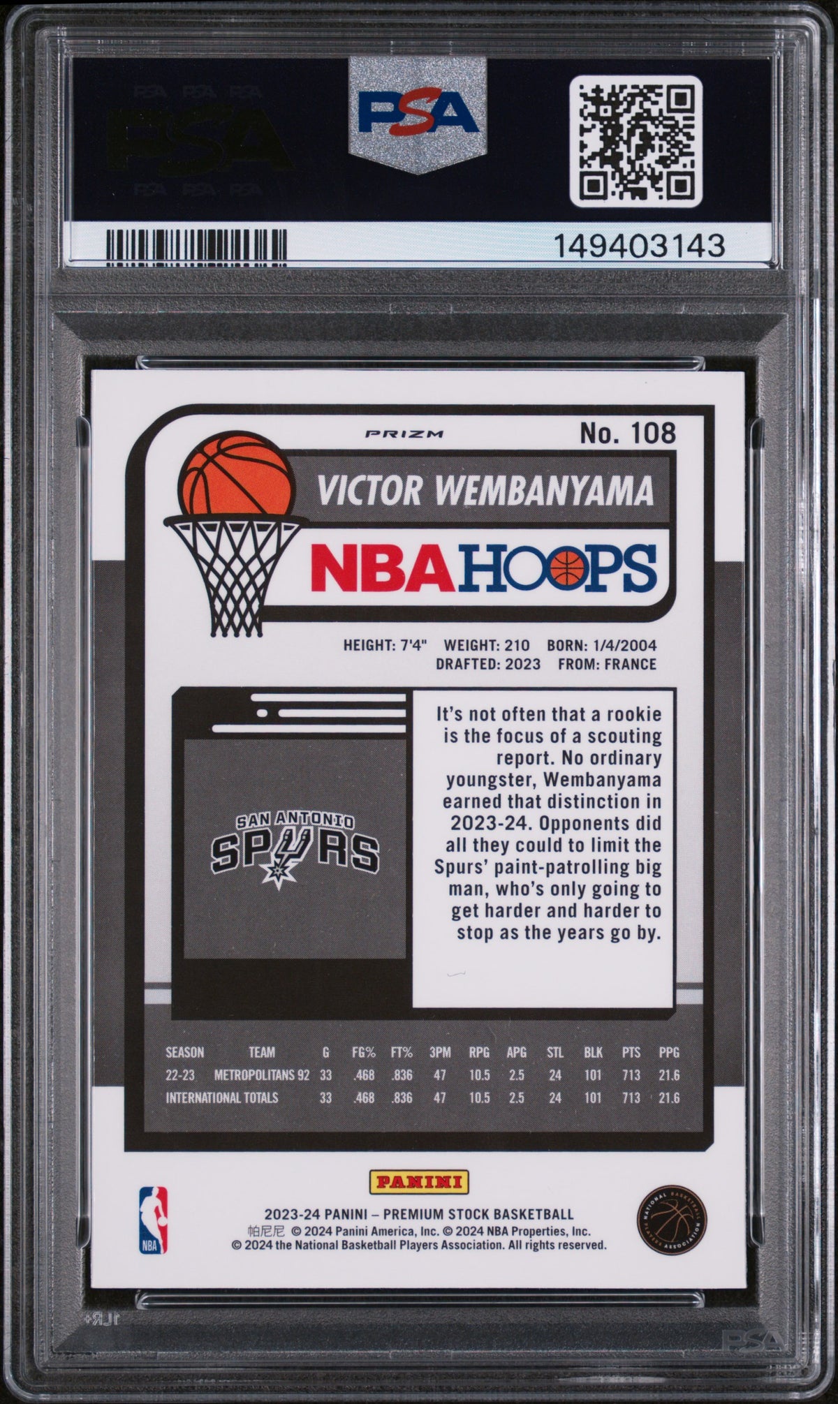 Victor Wembanyama 2023 Panini Hoops Premium Stock #108 Seismic Prizm PSA 9