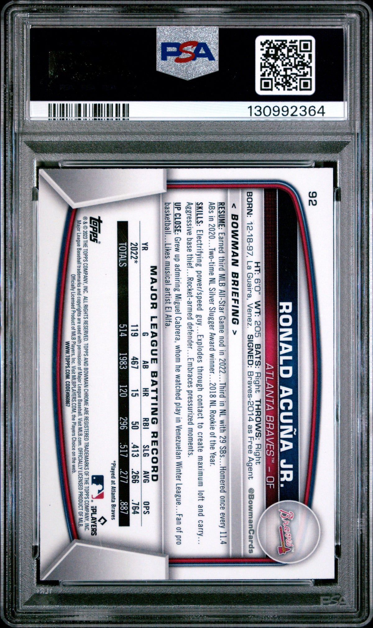 Ronald Acuna JR. 2023 Bowman Mega Box Chrome #92 PSA 10