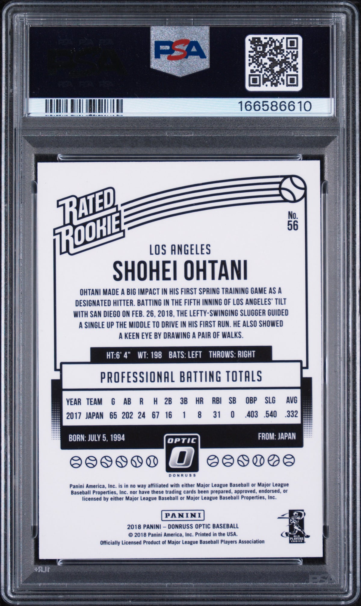 Shohei Ohtani 2018 Panini Donruss Optic #56 PSA 9