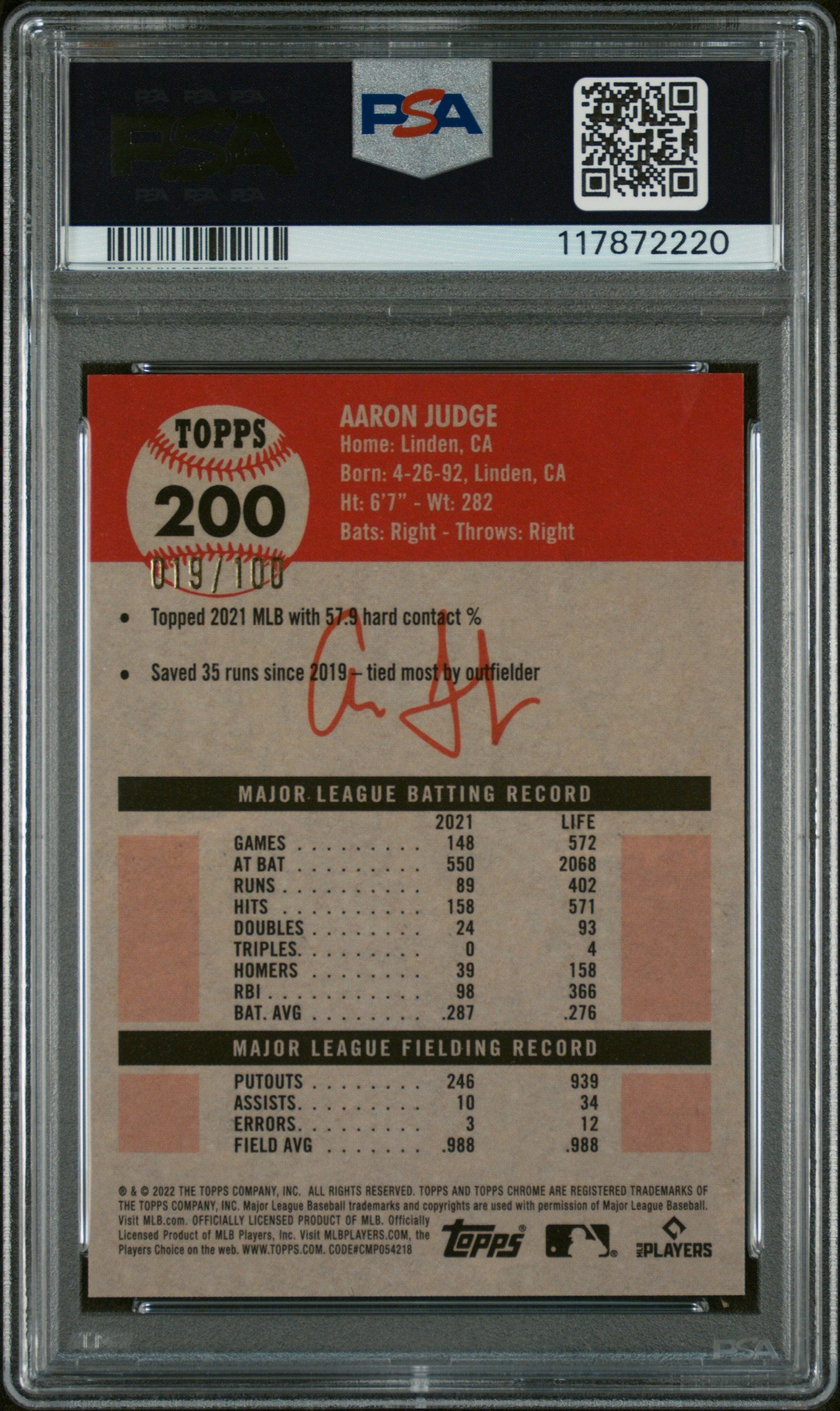 Aaron Judge 2022 Topps Chrome Platinum Anniversary #200 Fuchsia Atomic Refractor PSA 9