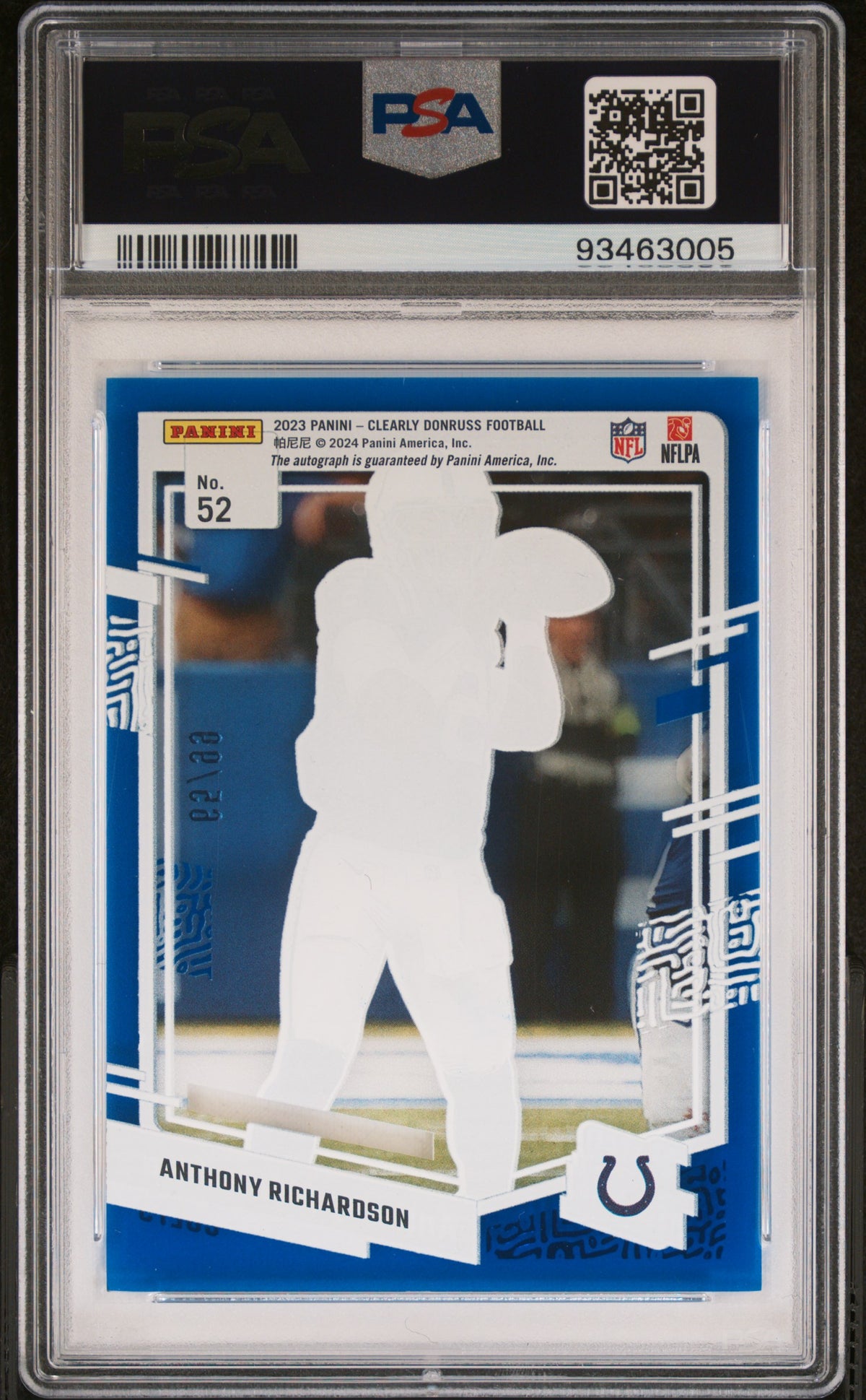 Anthony Richardson 2023 Panini Clearly Donruss #52 Autograph Blue /99 PSA 9