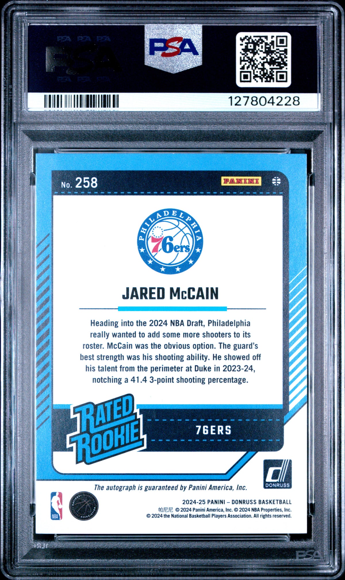 Jared Mccain 2024 Panini Donruss #258 Rated Rookie SIG Intl PSA 9