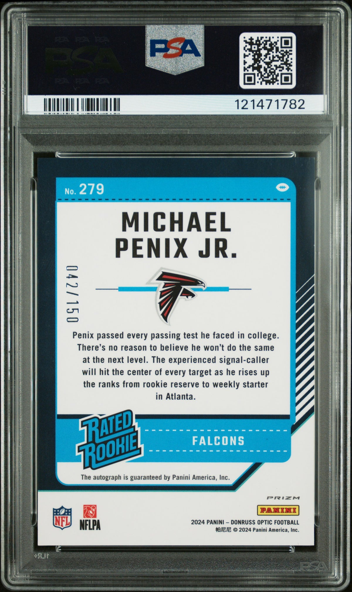 Michael Penix JR. 2024 Panini Donruss Optic #279 Autograph Holo PSA A Auto 10