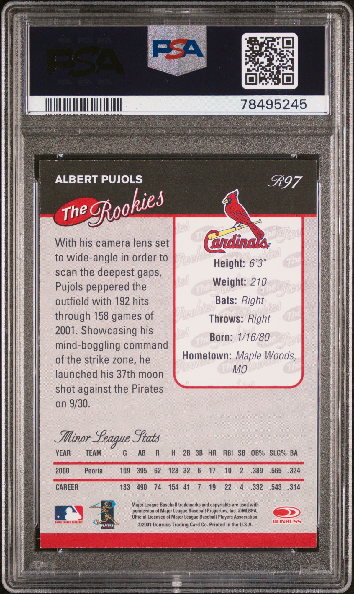 Albert Pujols 2001 Donruss Rookies #R97 PSA 7