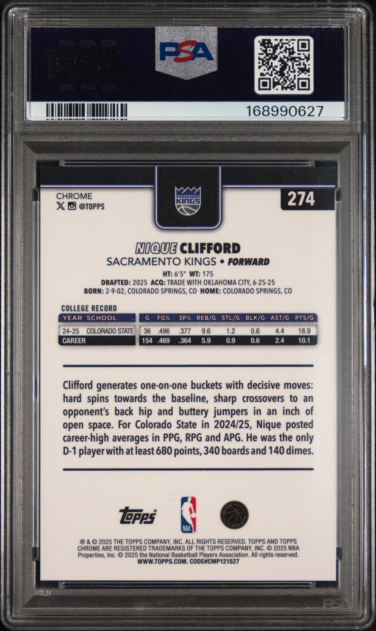 Nique Clifford 2025 Topps Chrome #274 Black Refractor /10 PSA 8