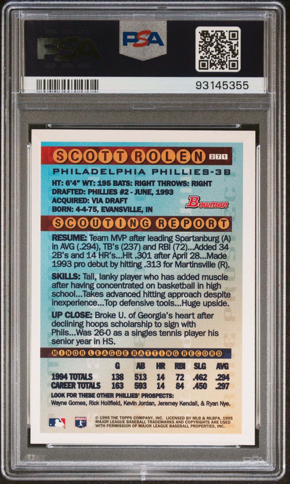Scott Rolen 1995 Bowman Gold Foil #271 PSA 9