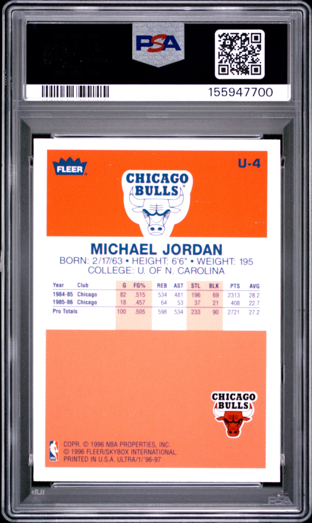 Michael Jordan 1996 Ultra Decade Of Excellence #U-4 PSA 9