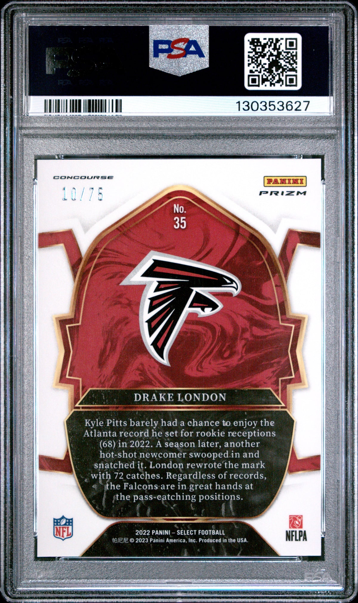 Drake London 2022 Panini Select #35 Purple Prizm PSA 10