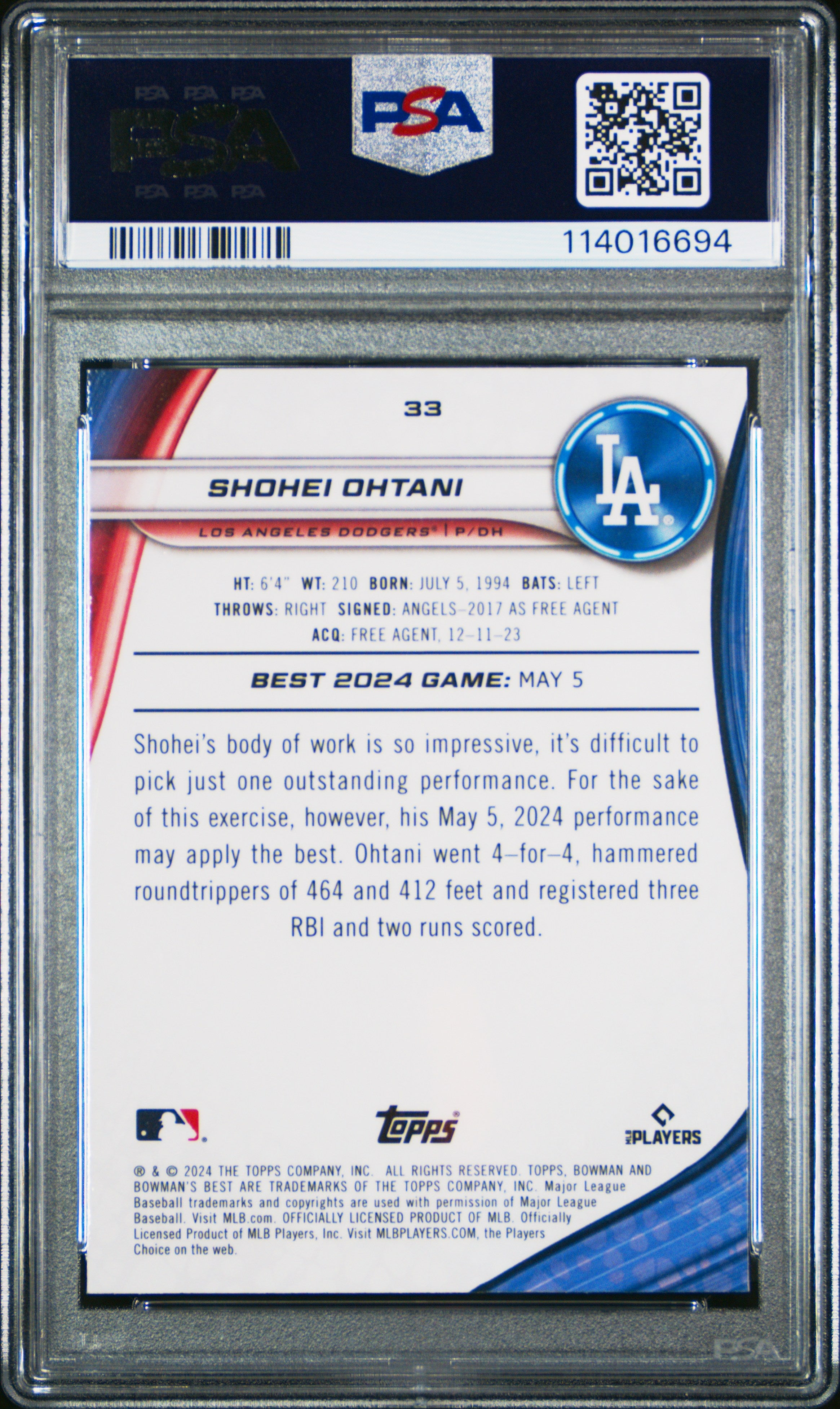 Shohei Ohtani 2024 Bowman's Best #33 Purple Refractor PSA 10