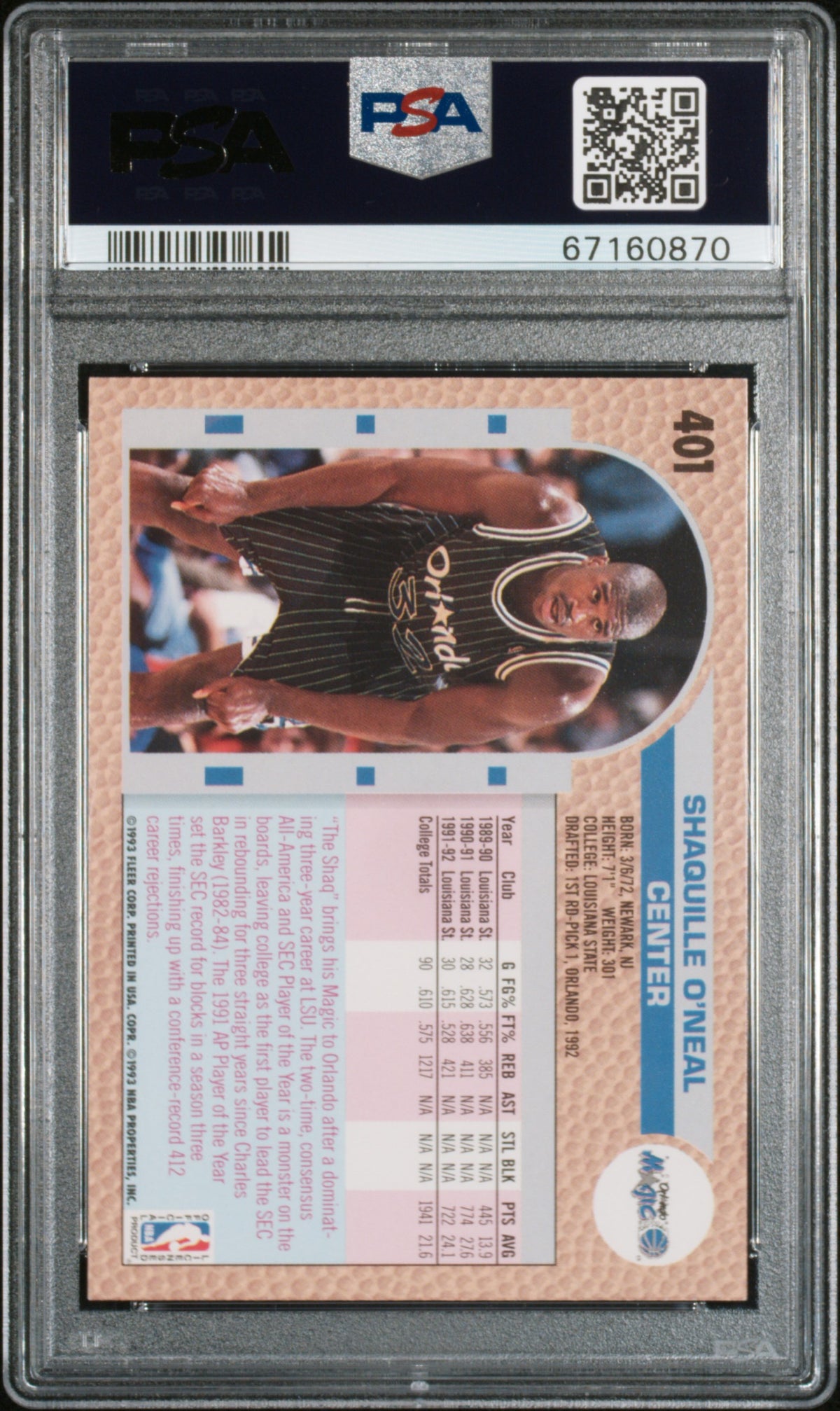 Shaquille O'Neal 1992 Fleer #401 PSA 9