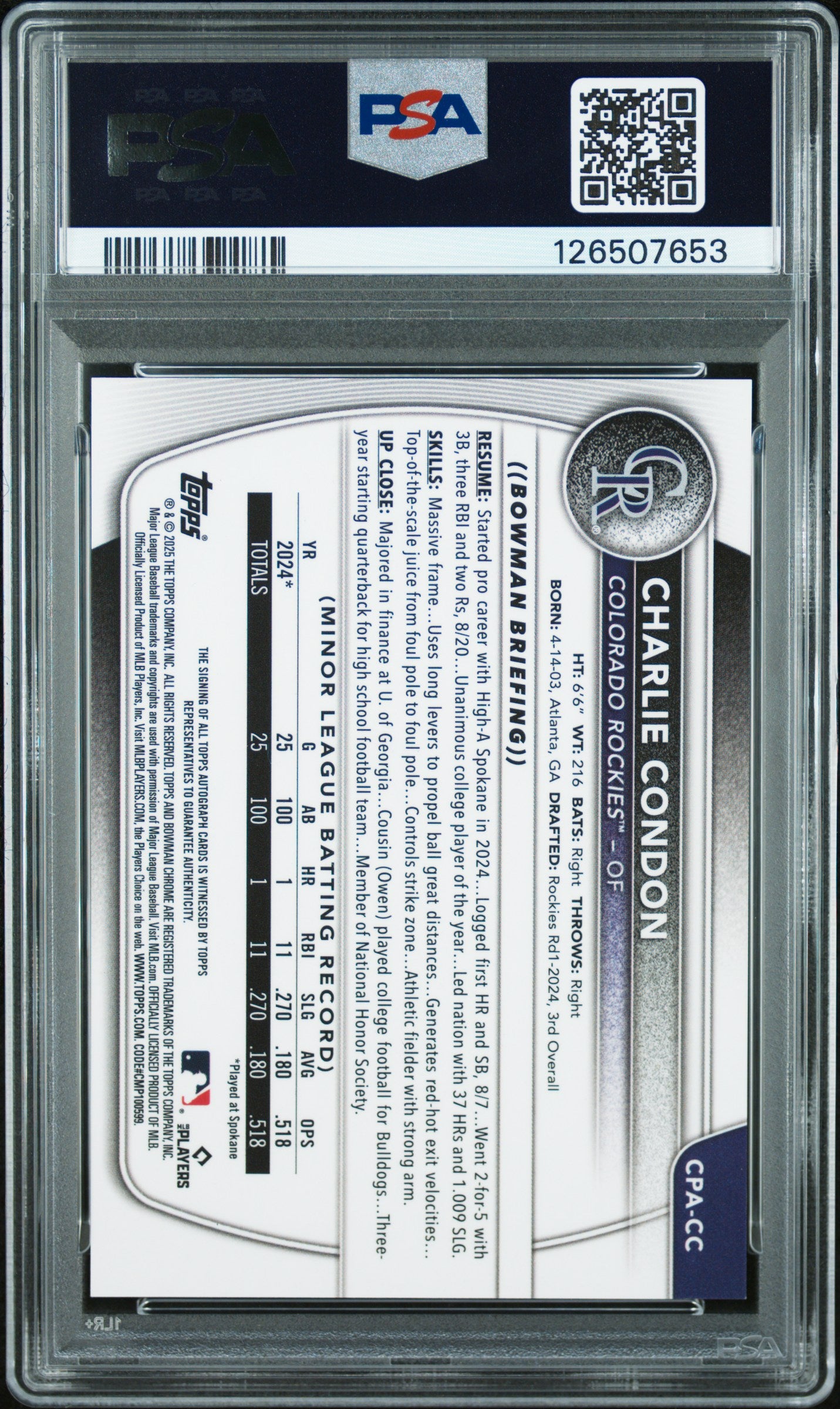 Charlie Condon 2025 Bowman Chrome Prospect Autographs #CPACC PSA 8