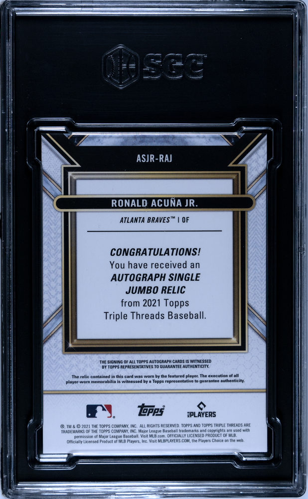 Ronald Acuna JR. 2021 Topps Triple Threads #ASJR-RAJ Single Jumbo Relic Autograph Gold 25 SGC 10 Auto 10