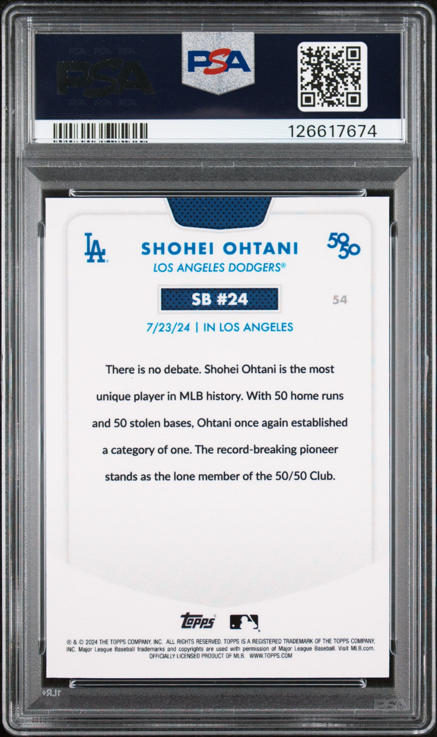 Shohei Ohtani 2024 Topps 50/50 Shohei Ohtani #54 Chrome Blue Refractor PSA 9