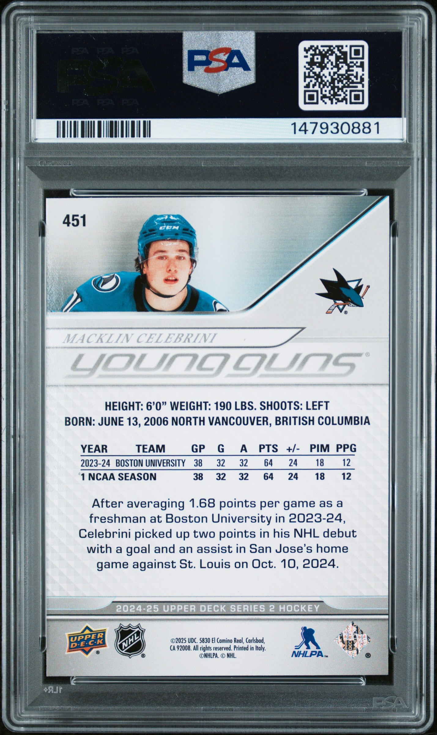 Macklin Celebrini 2024 Upper Deck #451 PSA 8