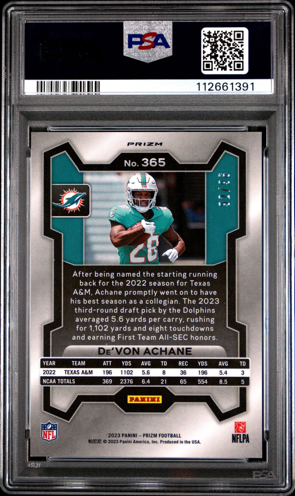 De'von Achane 2023 Panini Prizm #365 Blue Sparkle PSA 10