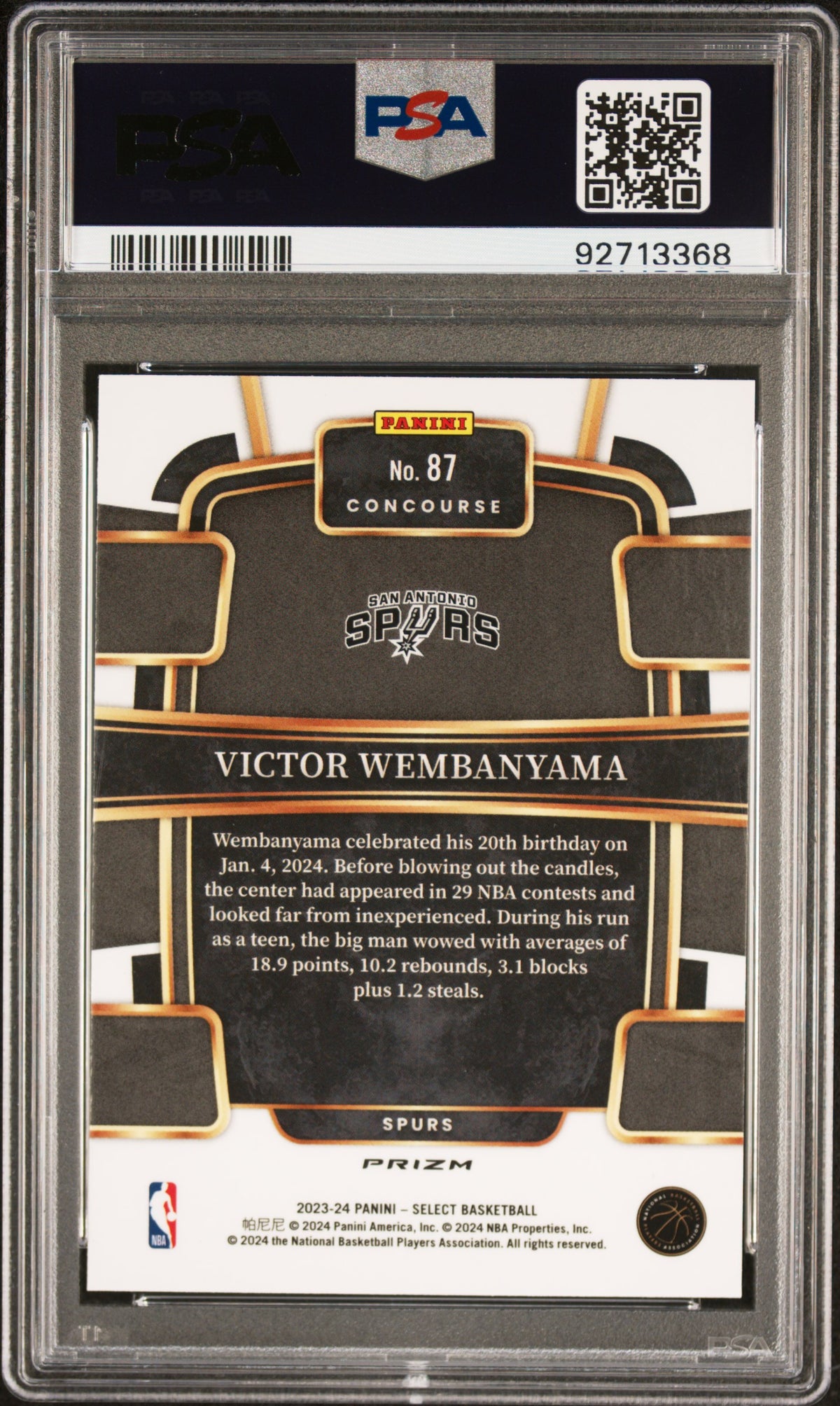 Victor Wembanyama 2023 Panini Select #87 Red Cracked Ice PSA 10