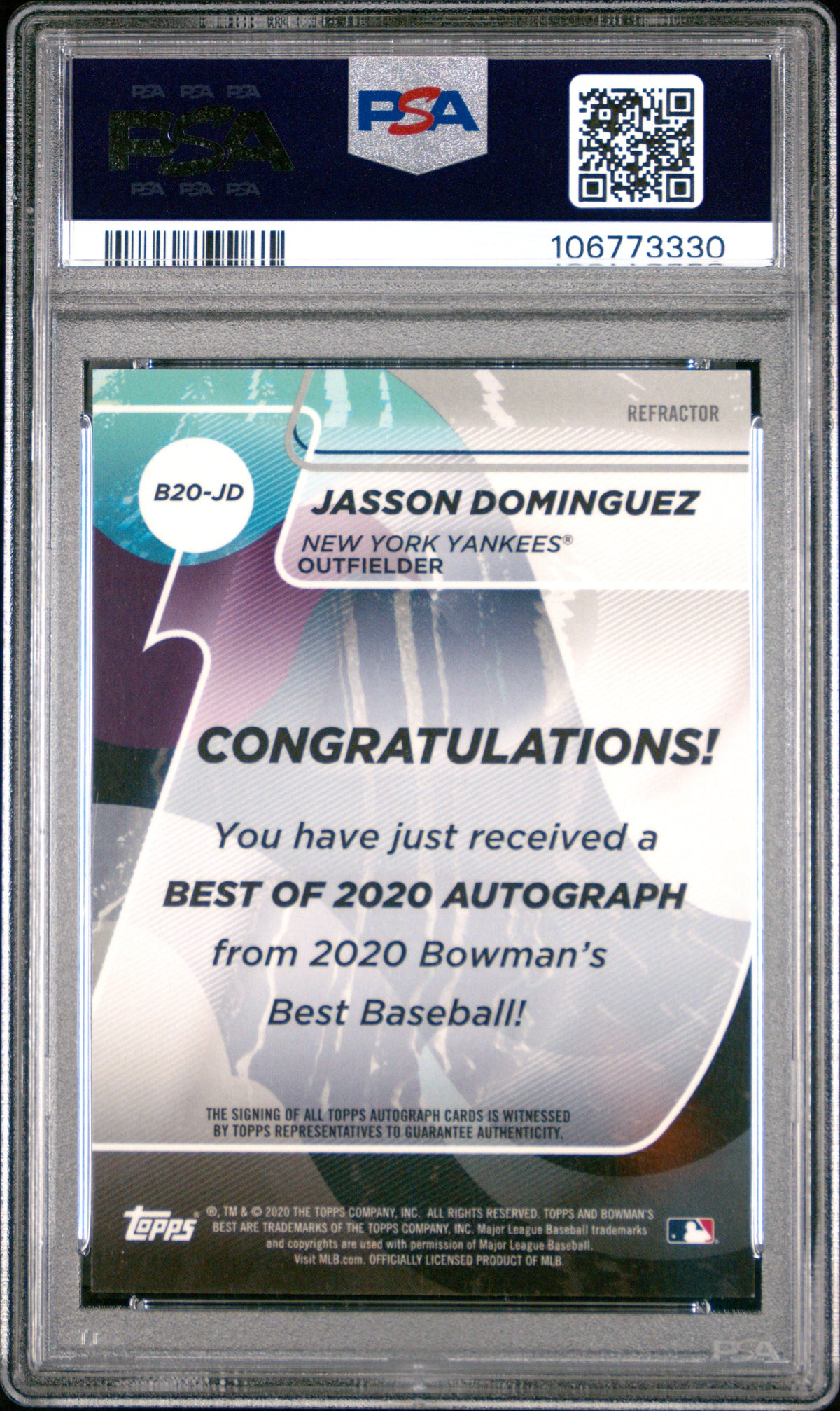 Jasson Dominguez 2020 Bowman's Best Best Of 2020 Autographs #B20JD Refractor PSA 9