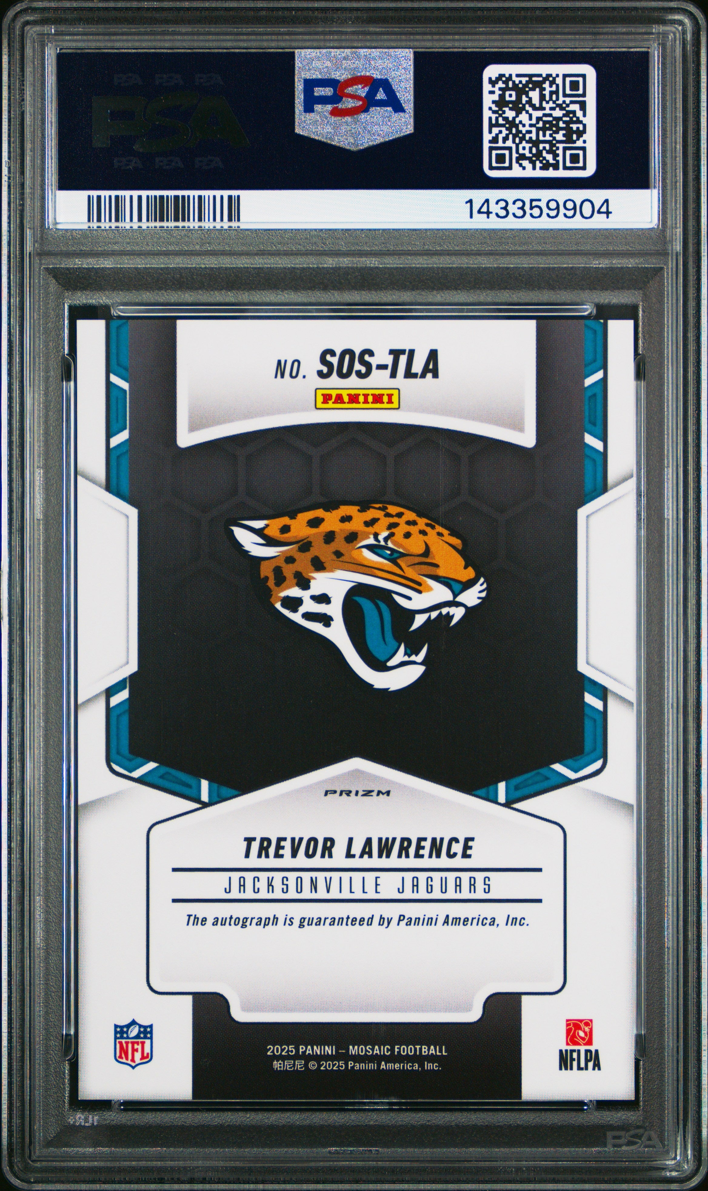 Trevor Lawrence 2025 Mosaic Showtime Auto #SOS-TLA Red Yellow PSA 10