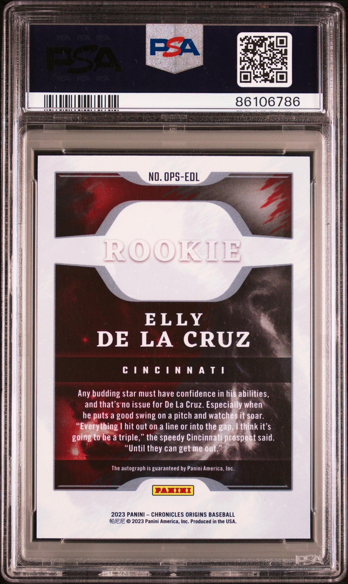 Elly De La Cruz 2023 Panini Chronicles Origins Rookie Signatures #OPSEDL Red /99 PSA 8.5