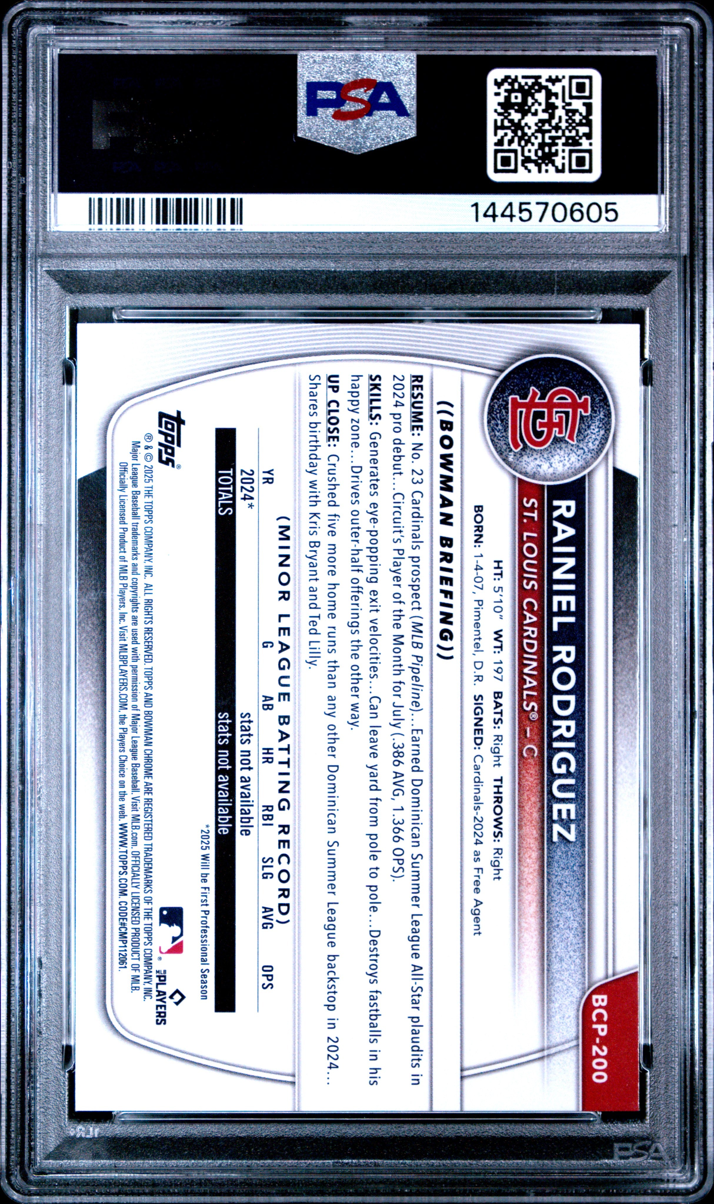 Rainiel Rodriguez 2025 Bowman Chrome Prospects #BCP200 Mini Diamond PSA 10