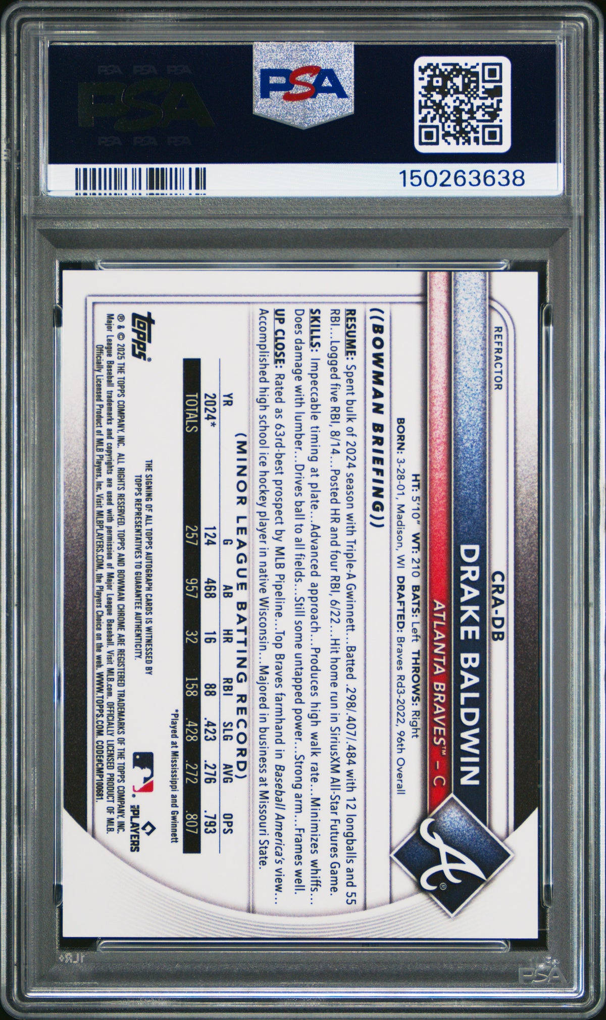 Drake Baldwin 2025 Bowman Chrome Chrome Rookie Autographs #CRA-DB Refractor /499 PSA 10